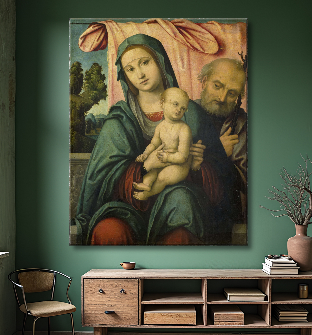 Reproduction La Sainte Famille de Lorenzo Costa avec decor