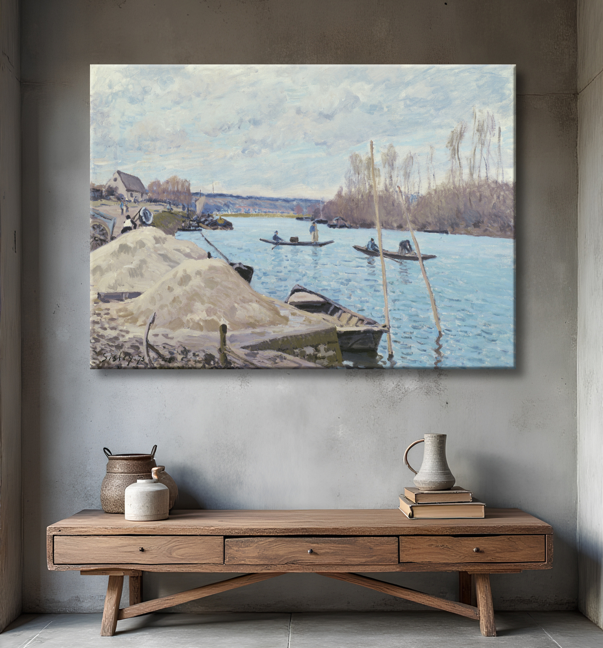 Reproduction La Seine à Port-Marly, Tas de Sable de Alfred Sisley avec decor