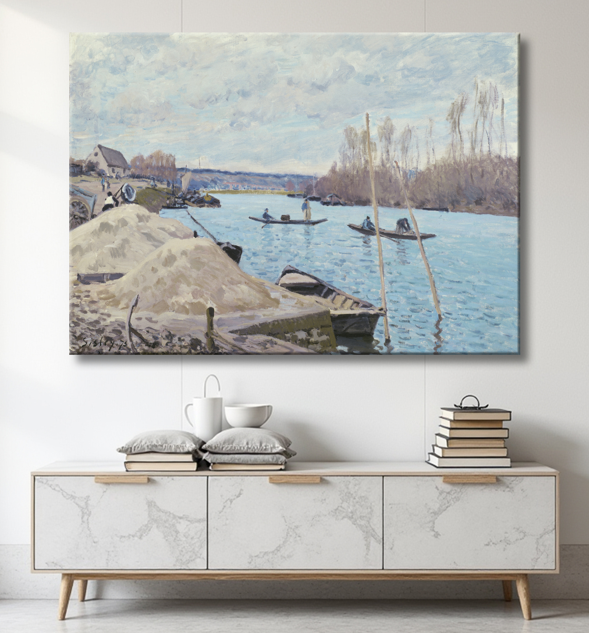 Reproduction La Seine à Port-Marly, Tas de Sable de Alfred Sisley avec decor