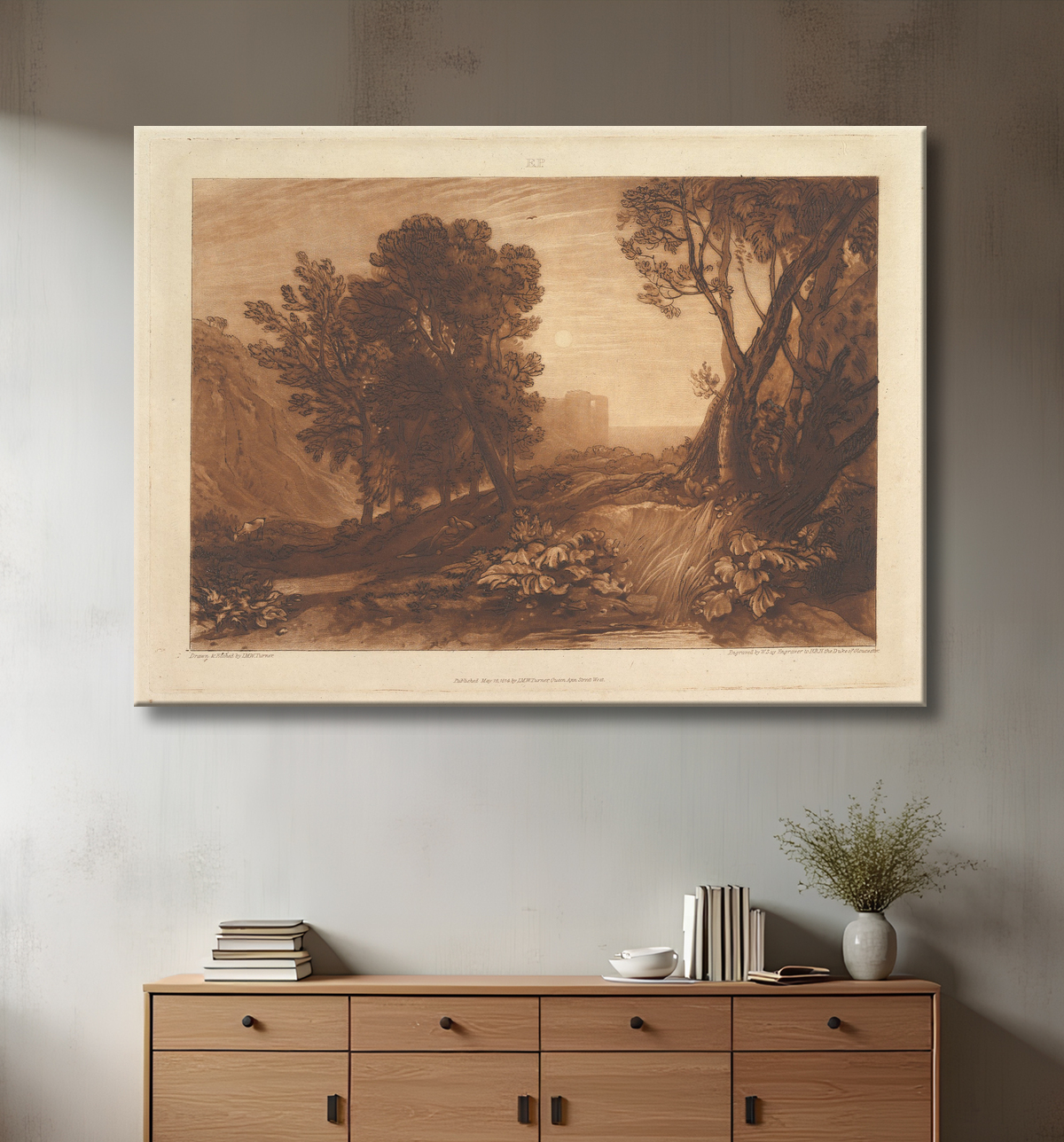 Reproduction La solitude ou la Madeleine de lecture (Liber Studiorum, partie XI, planche 53) de Joseph Mallord William Turner avec decor