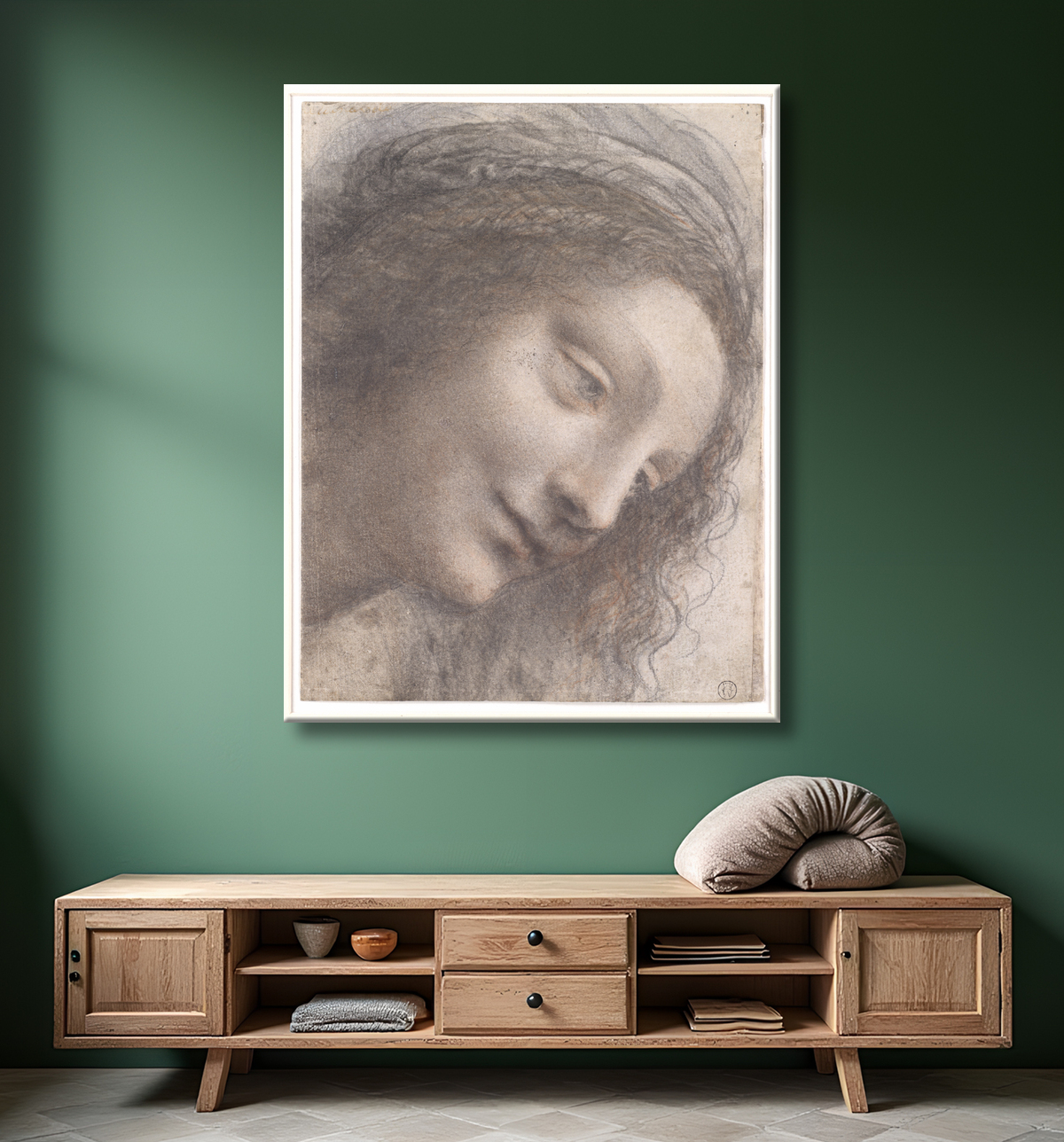 Reproduction La tête de la Vierge vue de trois quarts tournée vers la droite de Leonardo da Vinci avec decor