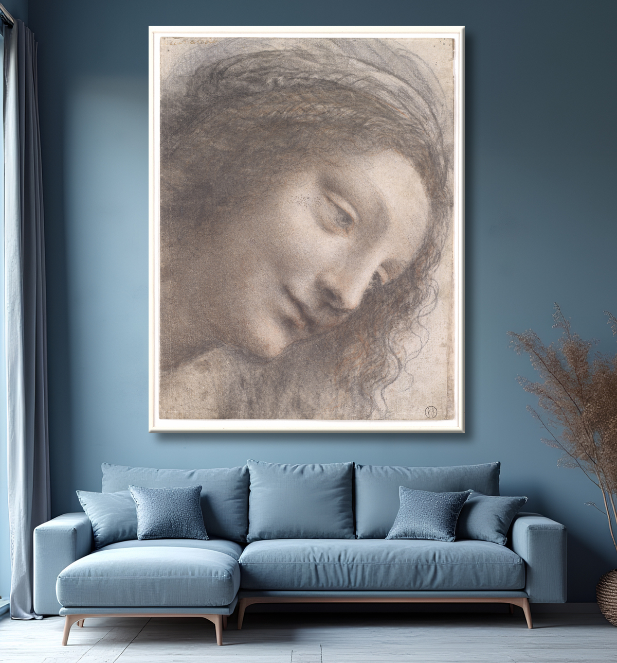 Reproduction La tête de la Vierge vue de trois quarts tournée vers la droite de Leonardo da Vinci avec decor