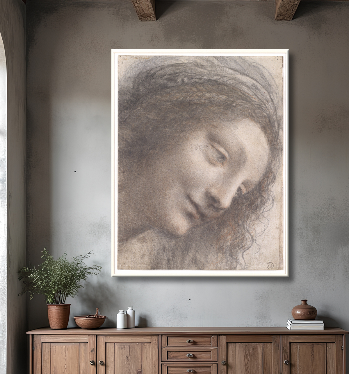 Reproduction La tête de la Vierge vue de trois quarts tournée vers la droite de Leonardo da Vinci avec decor