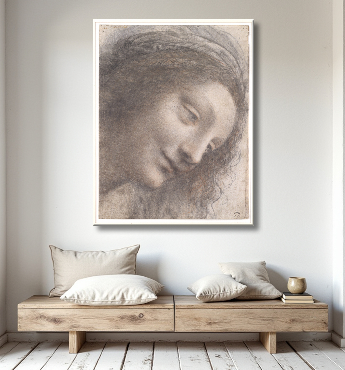 Reproduction La tête de la Vierge vue de trois quarts tournée vers la droite de Leonardo da Vinci avec decor