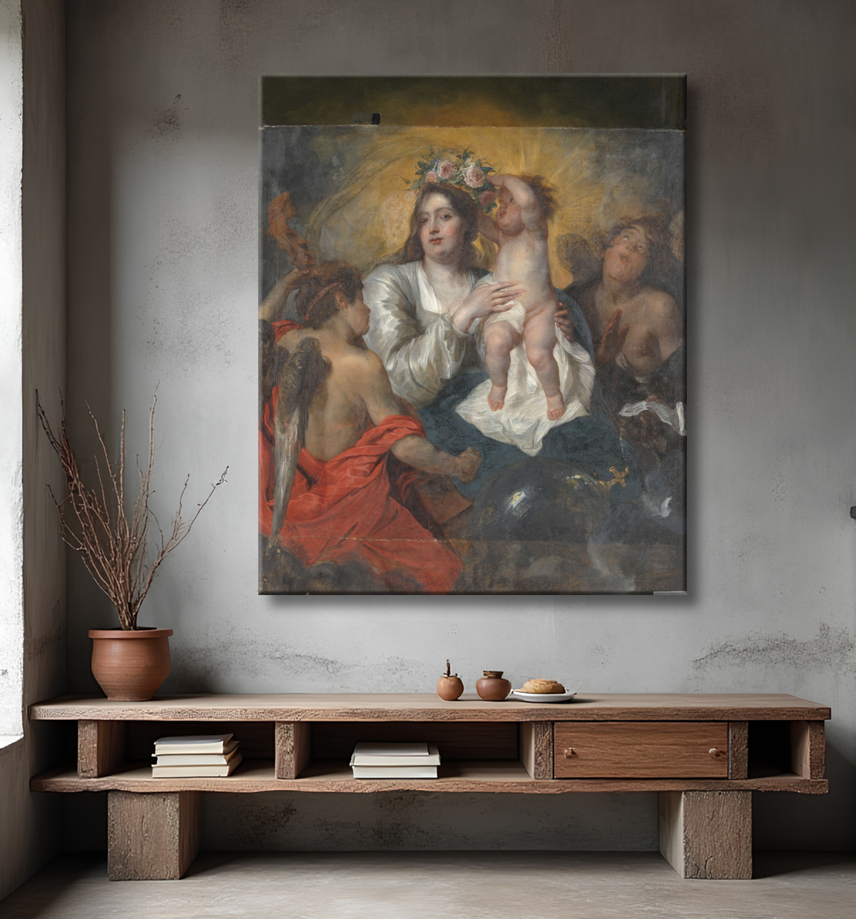 Reproduction La Vierge couronnée par l'Enfant Jésus, le Rédempteur de Thomas Willeboirts Bosschaert avec decor