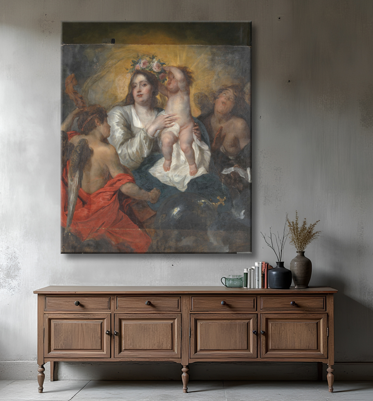 Reproduction La Vierge couronnée par l'Enfant Jésus, le Rédempteur de Thomas Willeboirts Bosschaert avec decor