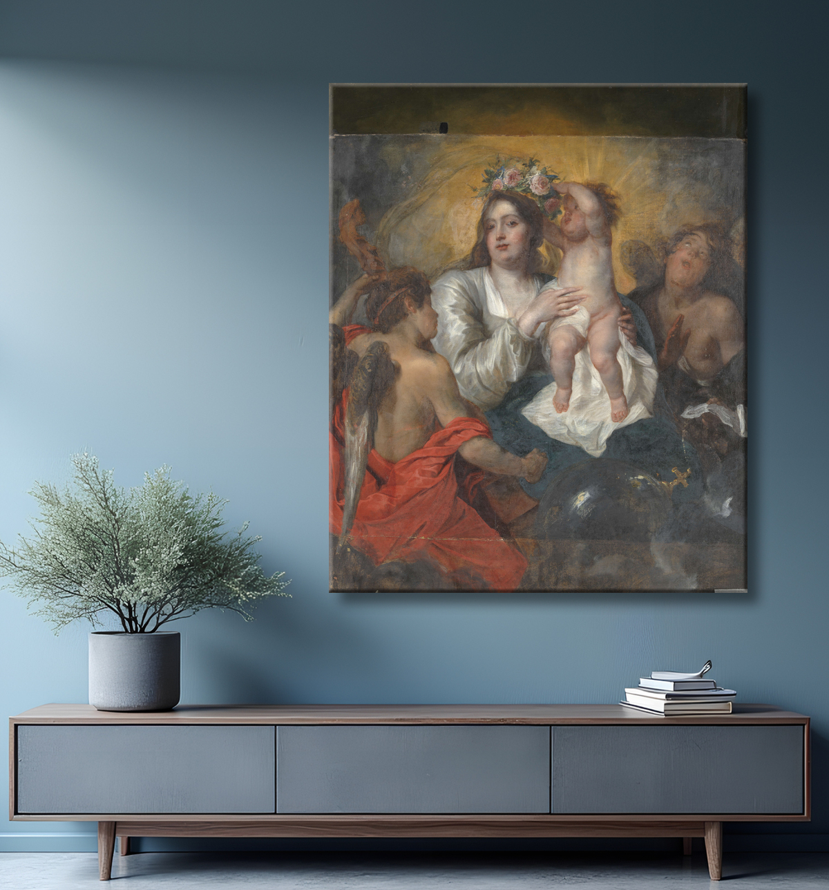 Reproduction La Vierge couronnée par l'Enfant Jésus, le Rédempteur de Thomas Willeboirts Bosschaert avec decor