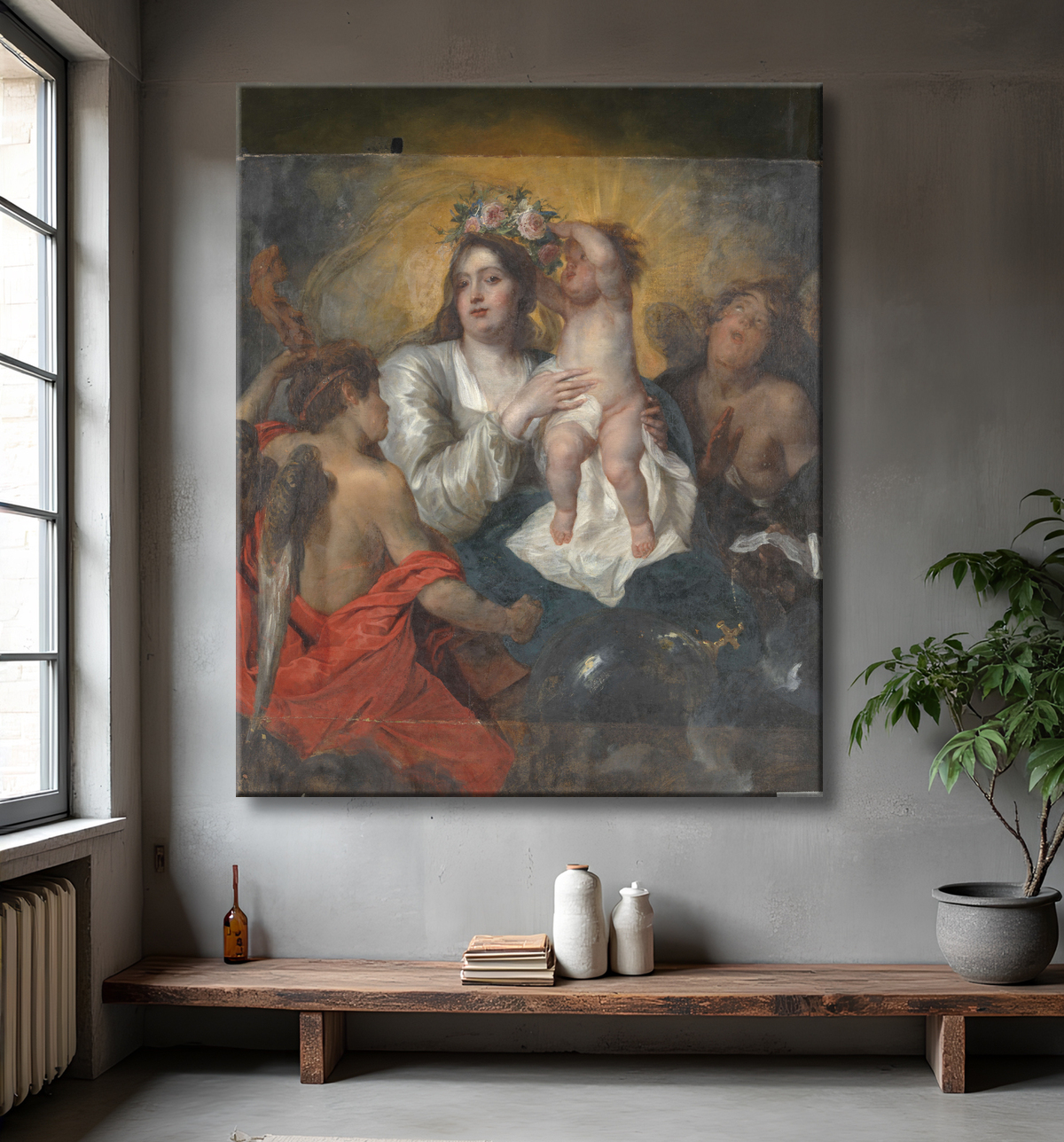 Reproduction La Vierge couronnée par l'Enfant Jésus, le Rédempteur de Thomas Willeboirts Bosschaert avec decor