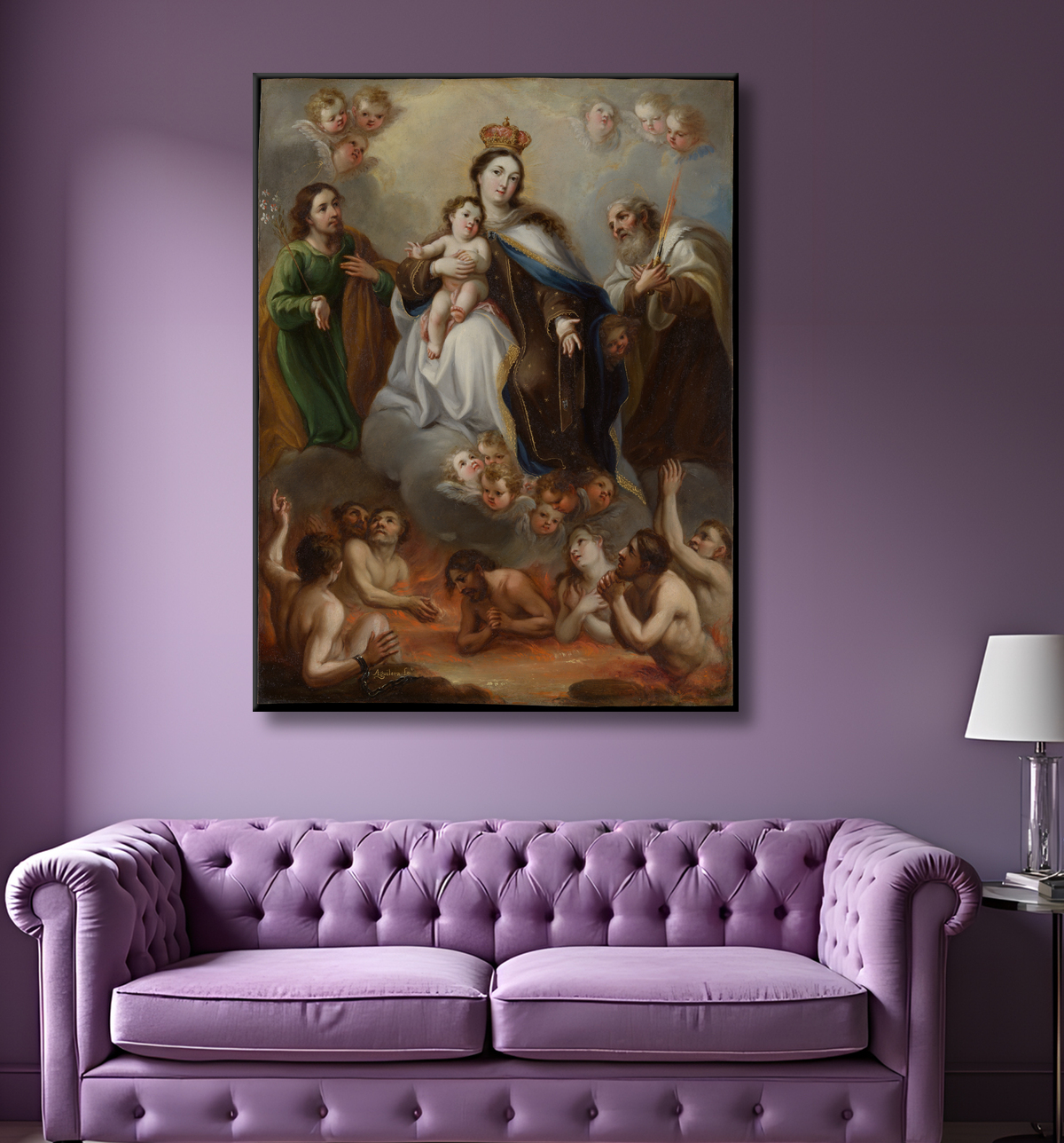 Reproduction La Vierge de Carmen et les âmes du purgatoire avec saint Joseph et le prophète Élie de Juan Francisco de Aguilera avec decor