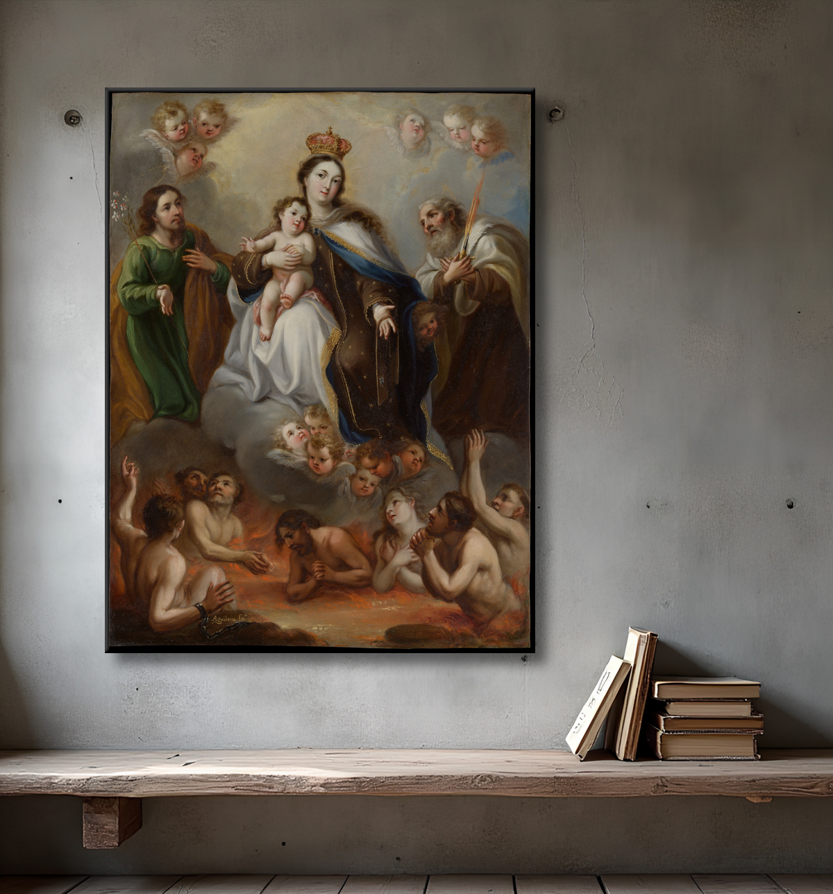 Reproduction La Vierge de Carmen et les âmes du purgatoire avec saint Joseph et le prophète Élie de Juan Francisco de Aguilera avec decor