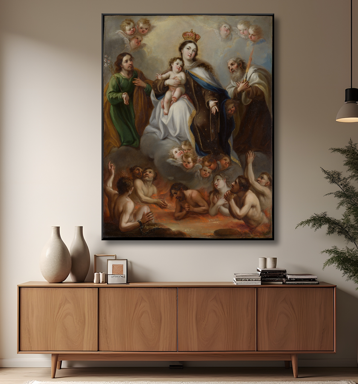 Reproduction La Vierge de Carmen et les âmes du purgatoire avec saint Joseph et le prophète Élie de Juan Francisco de Aguilera avec decor
