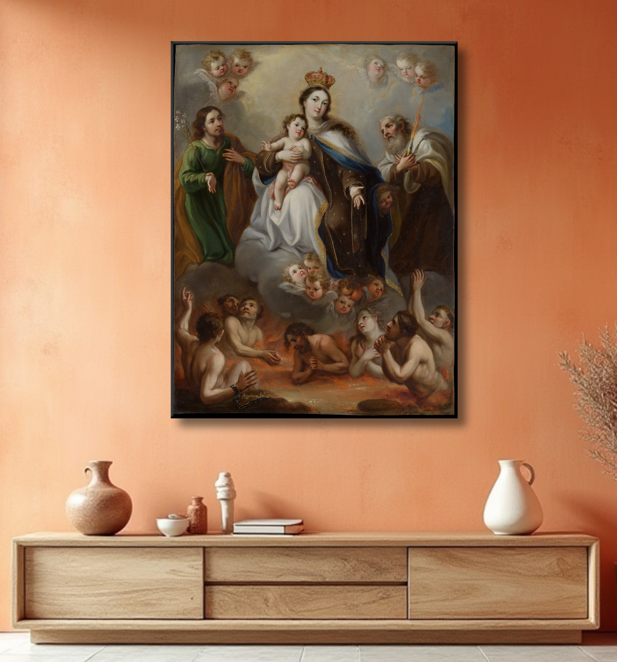Reproduction La Vierge de Carmen et les âmes du purgatoire avec saint Joseph et le prophète Élie de Juan Francisco de Aguilera avec decor