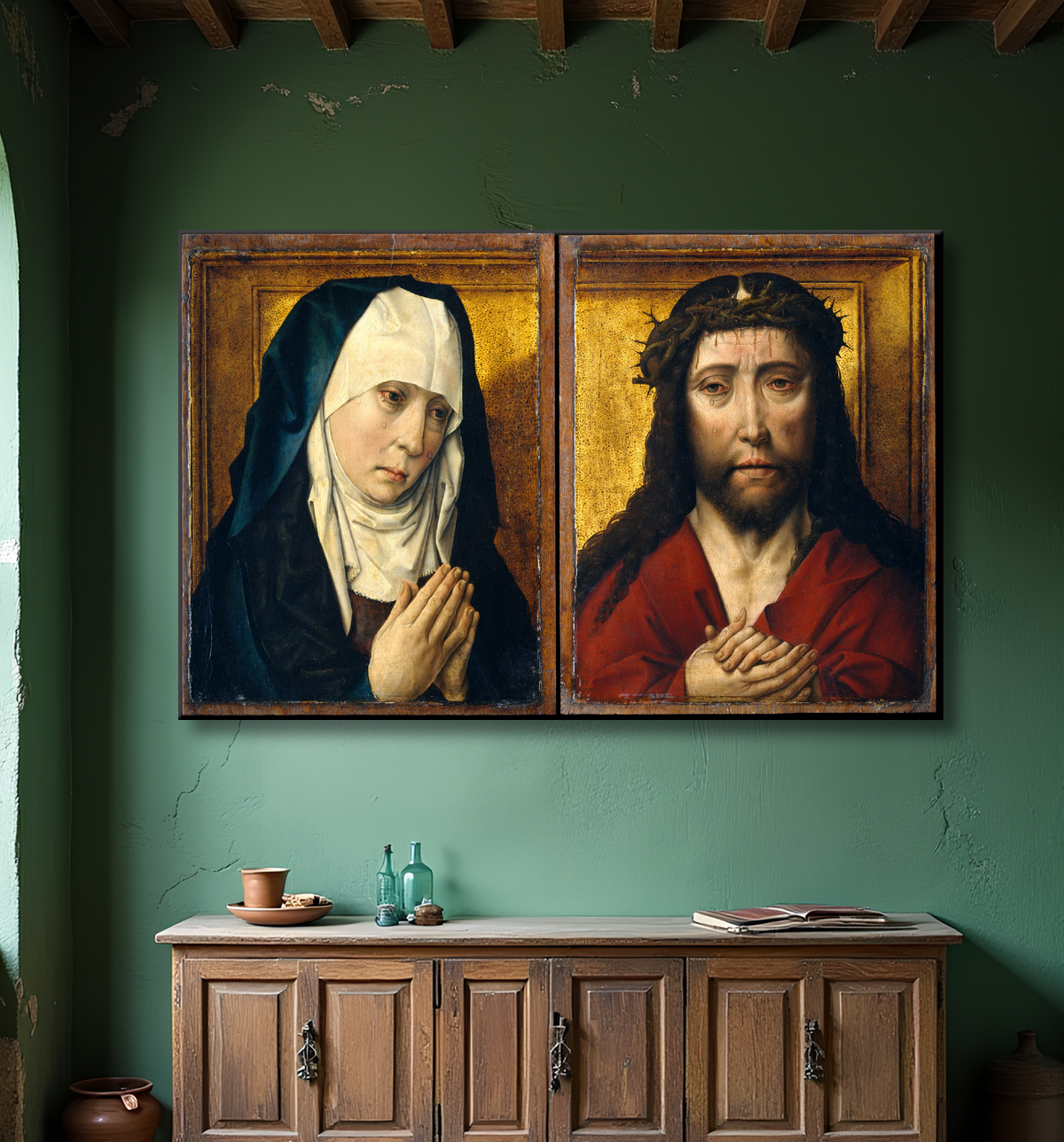 Reproduction La Vierge en deuil ; L'homme des douleurs de Dieric Bouts avec decor
