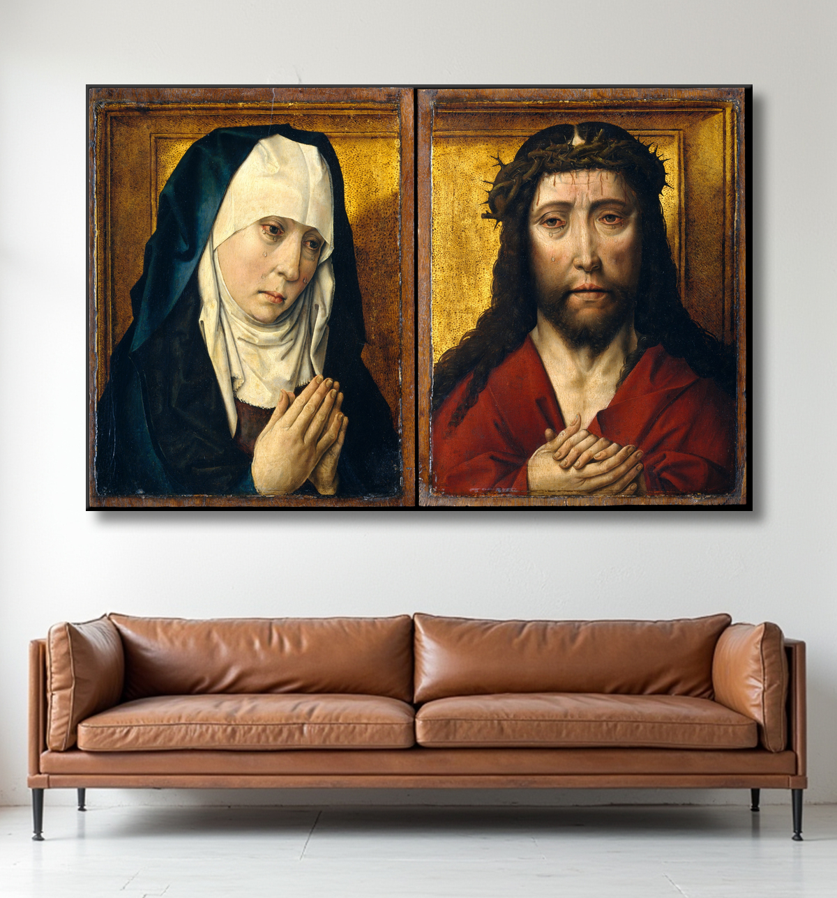 Reproduction La Vierge en deuil ; L'homme des douleurs de Dieric Bouts avec decor