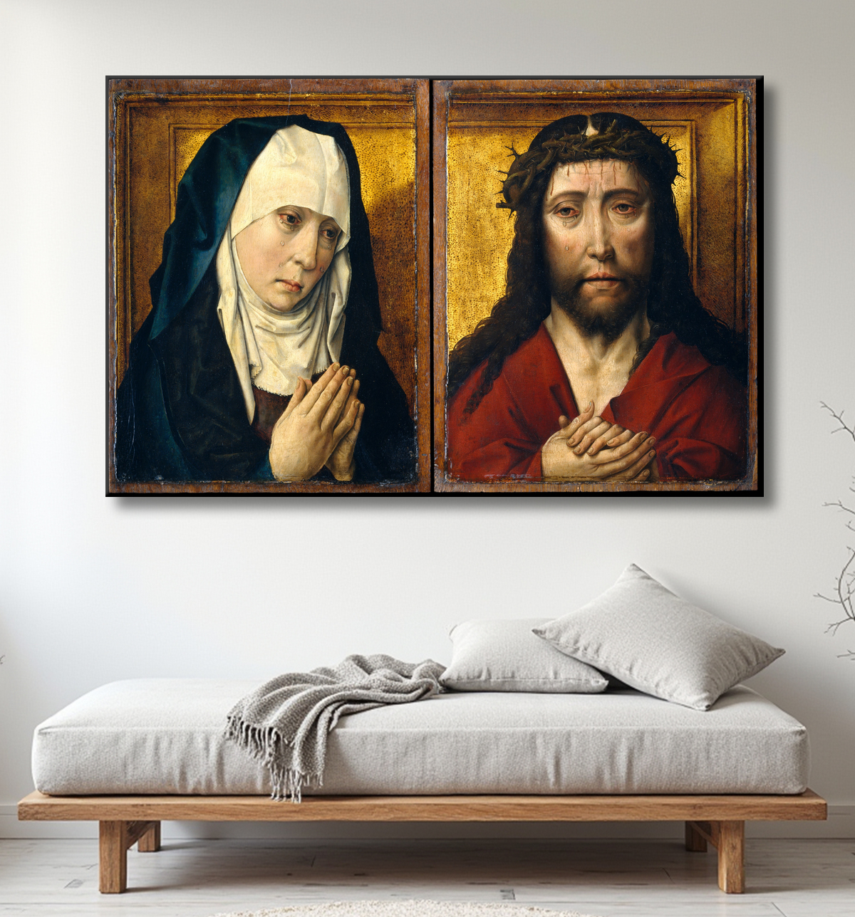 Reproduction La Vierge en deuil ; L'homme des douleurs de Dieric Bouts avec decor