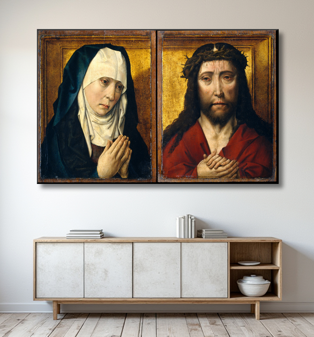 Reproduction La Vierge en deuil ; L'homme des douleurs de Dieric Bouts avec decor