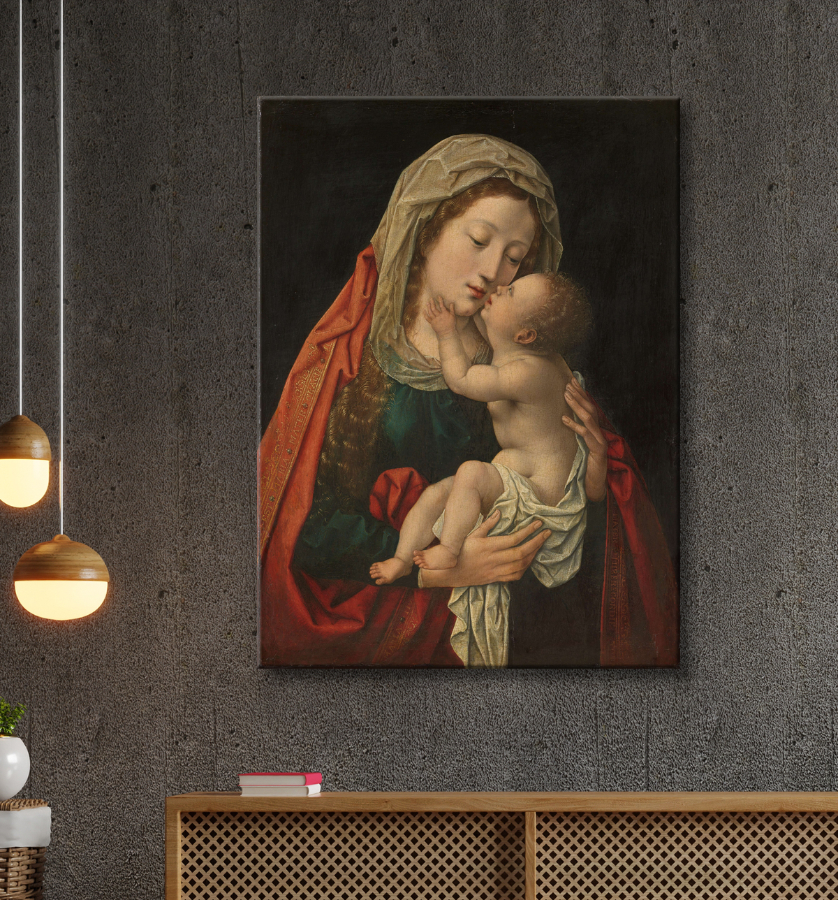 Reproduction La Vierge et l'Enfant de Bernard van Orley avec decor