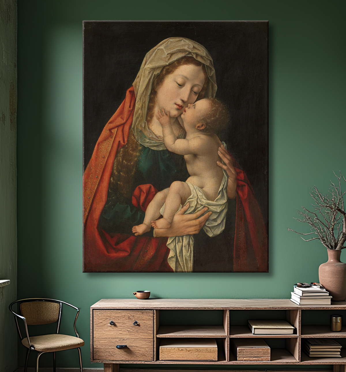Reproduction La Vierge et l'Enfant de Bernard van Orley avec decor