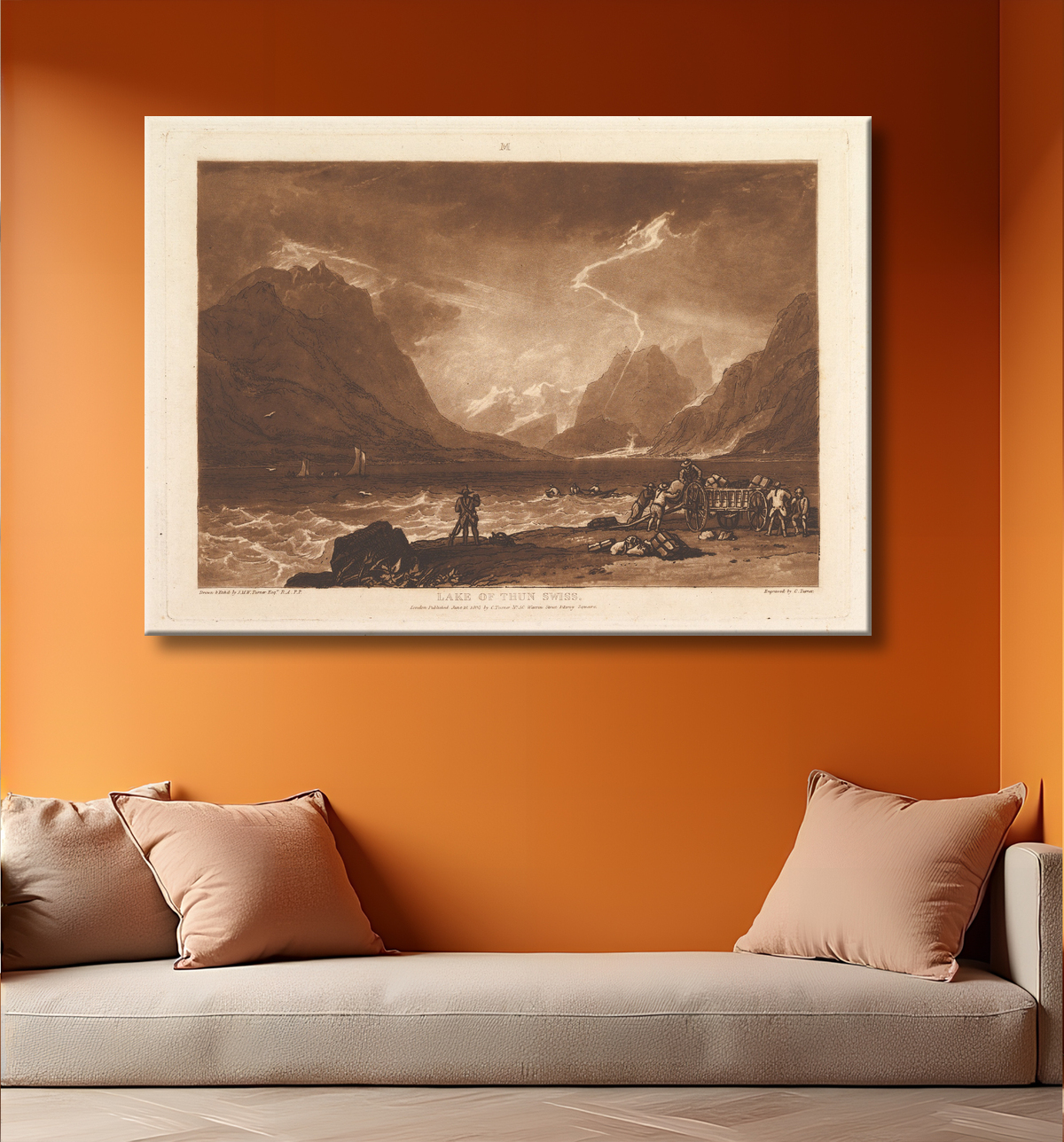 Reproduction Lac de Thoune, Suisse (Liber Studiorum, partie III, planche 15) de Joseph Mallord William Turner avec decor