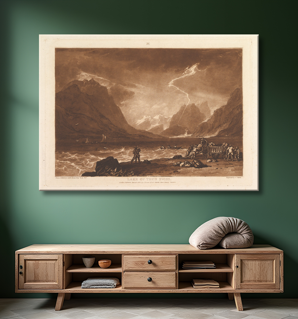 Reproduction Lac de Thoune, Suisse (Liber Studiorum, partie III, planche 15) de Joseph Mallord William Turner avec decor