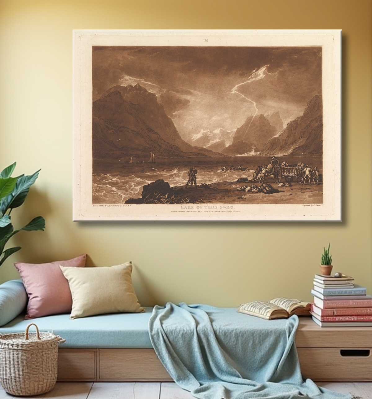 Reproduction Lac de Thoune, Suisse (Liber Studiorum, partie III, planche 15) de Joseph Mallord William Turner avec decor