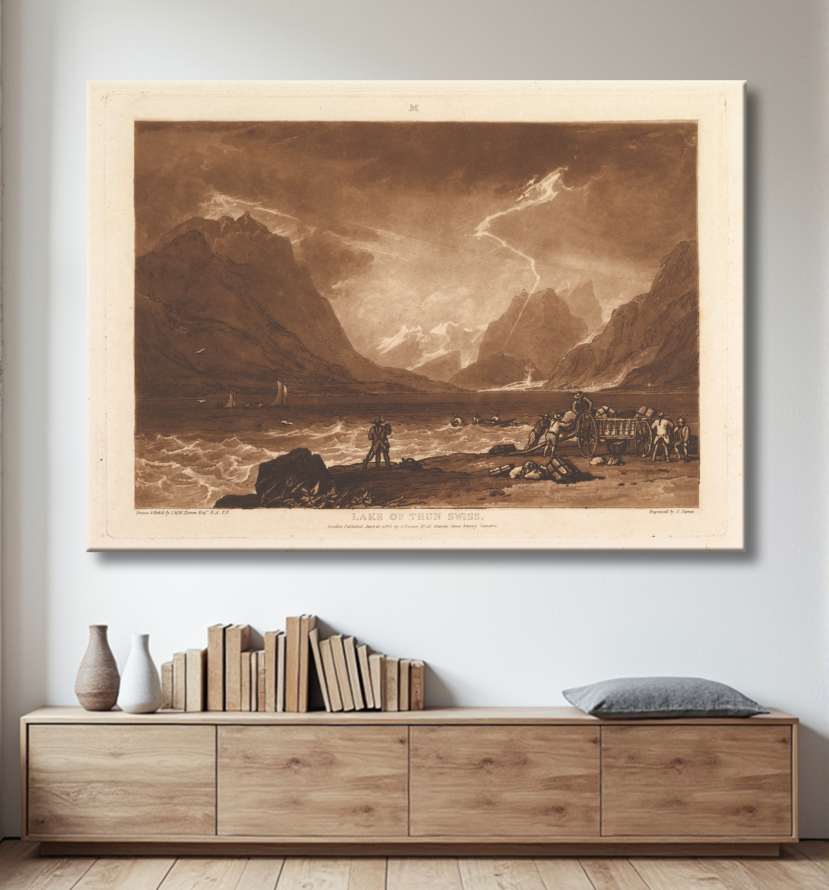 Reproduction Lac de Thoune, Suisse (Liber Studiorum, partie III, planche 15) de Joseph Mallord William Turner avec decor