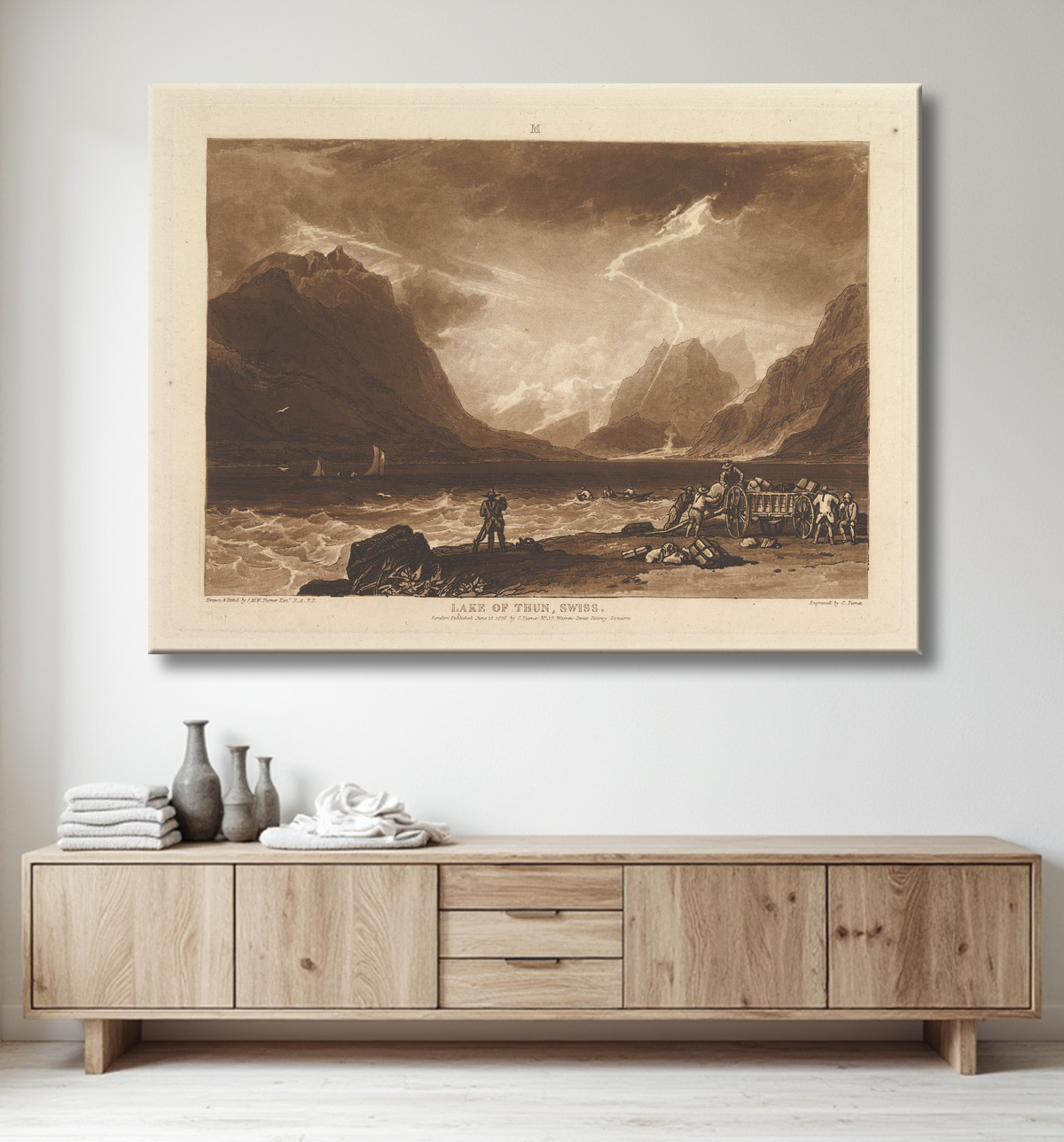 Reproduction Lac de Thoune, Suisse (Liber Studiorum, partie III, planche 15) de Joseph Mallord William Turner avec decor