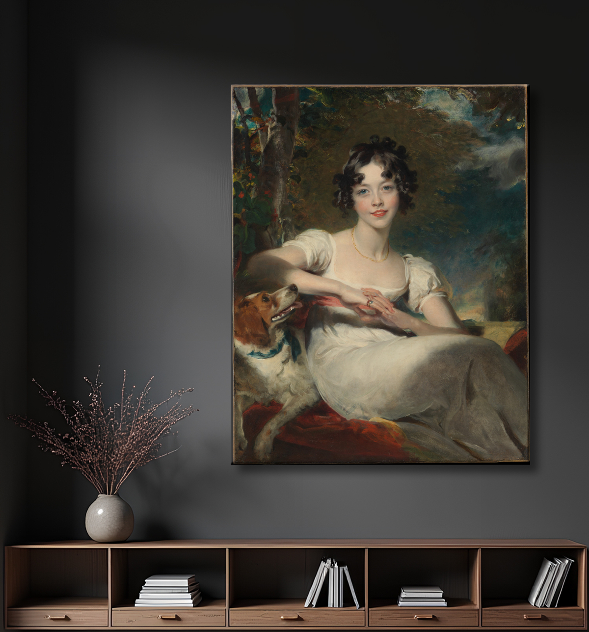 Reproduction Lady Maria Conyngham (morte en 1843) de Sir Thomas Lawrence avec decor