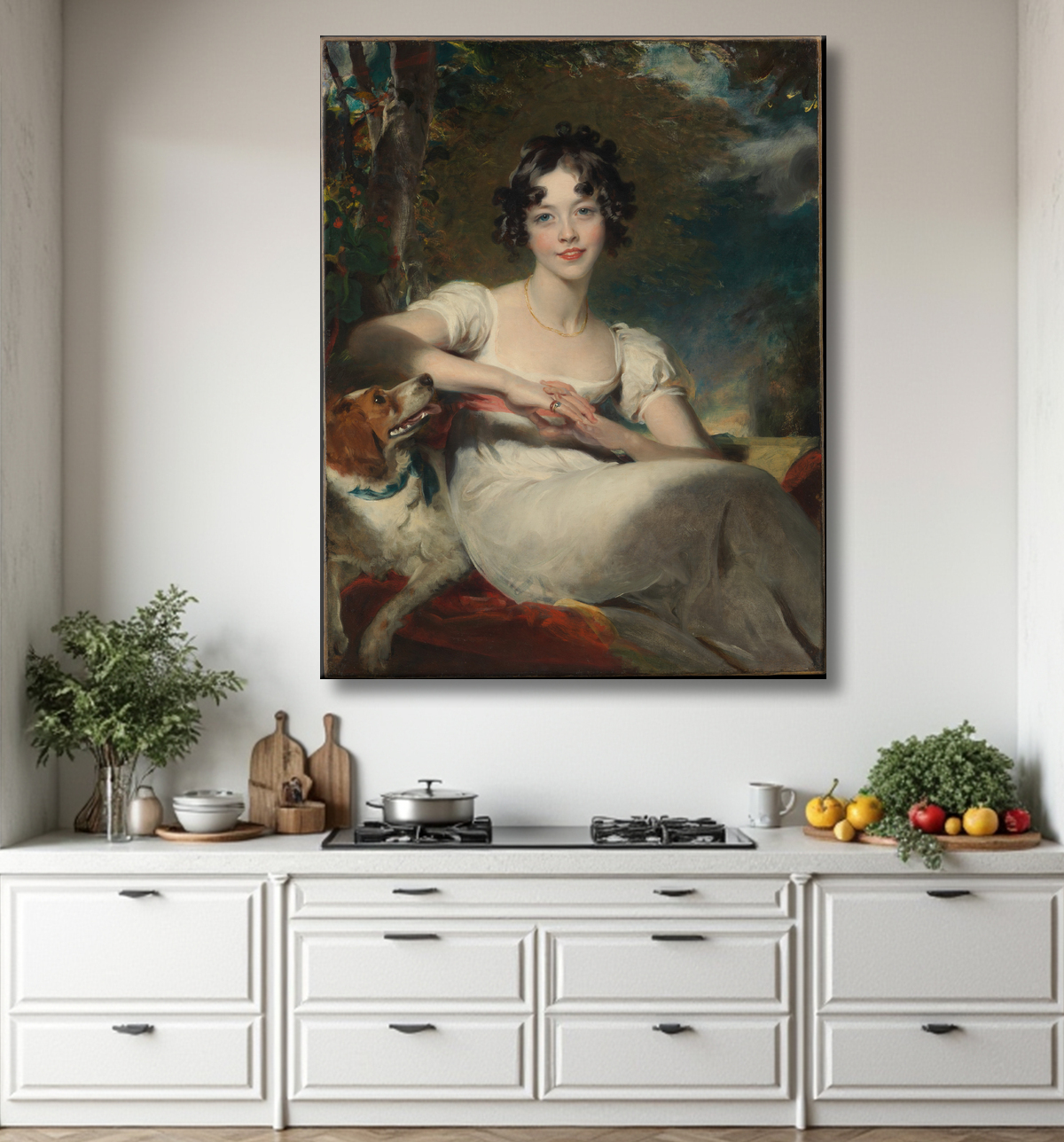 Reproduction Lady Maria Conyngham (morte en 1843) de Sir Thomas Lawrence avec decor