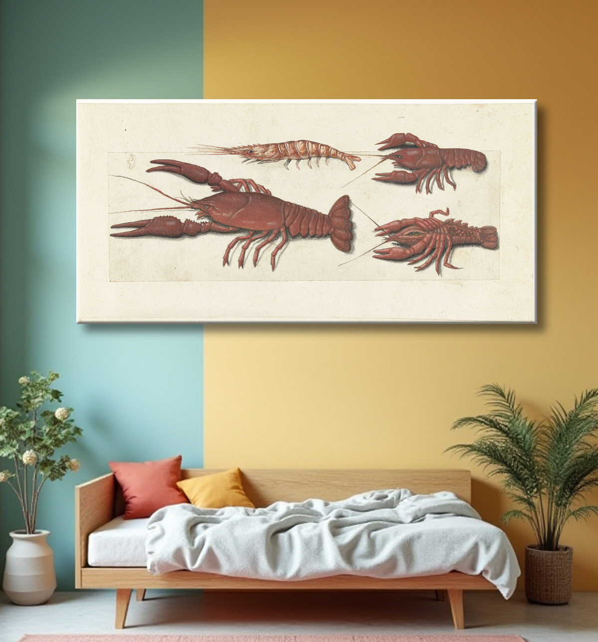 Reproduction Langoustine, deux écrevisses et crevettes de anonymous avec decor