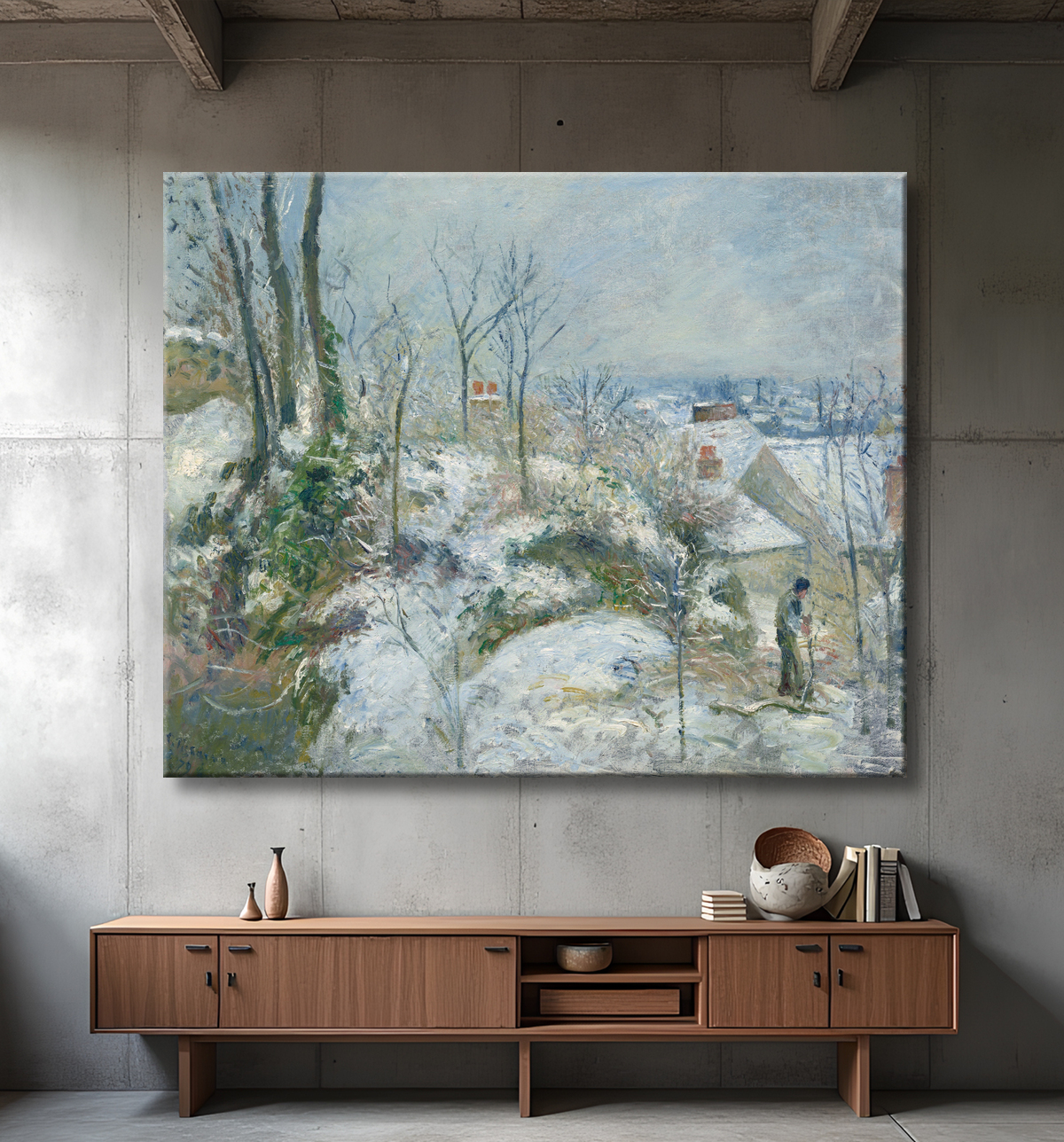 Reproduction Lapin Warren à Pontoise, Neige de Camille Pissarro avec decor