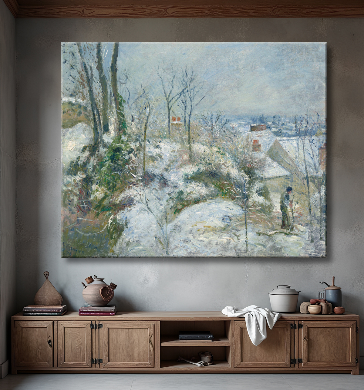 Reproduction Lapin Warren à Pontoise, Neige de Camille Pissarro avec decor