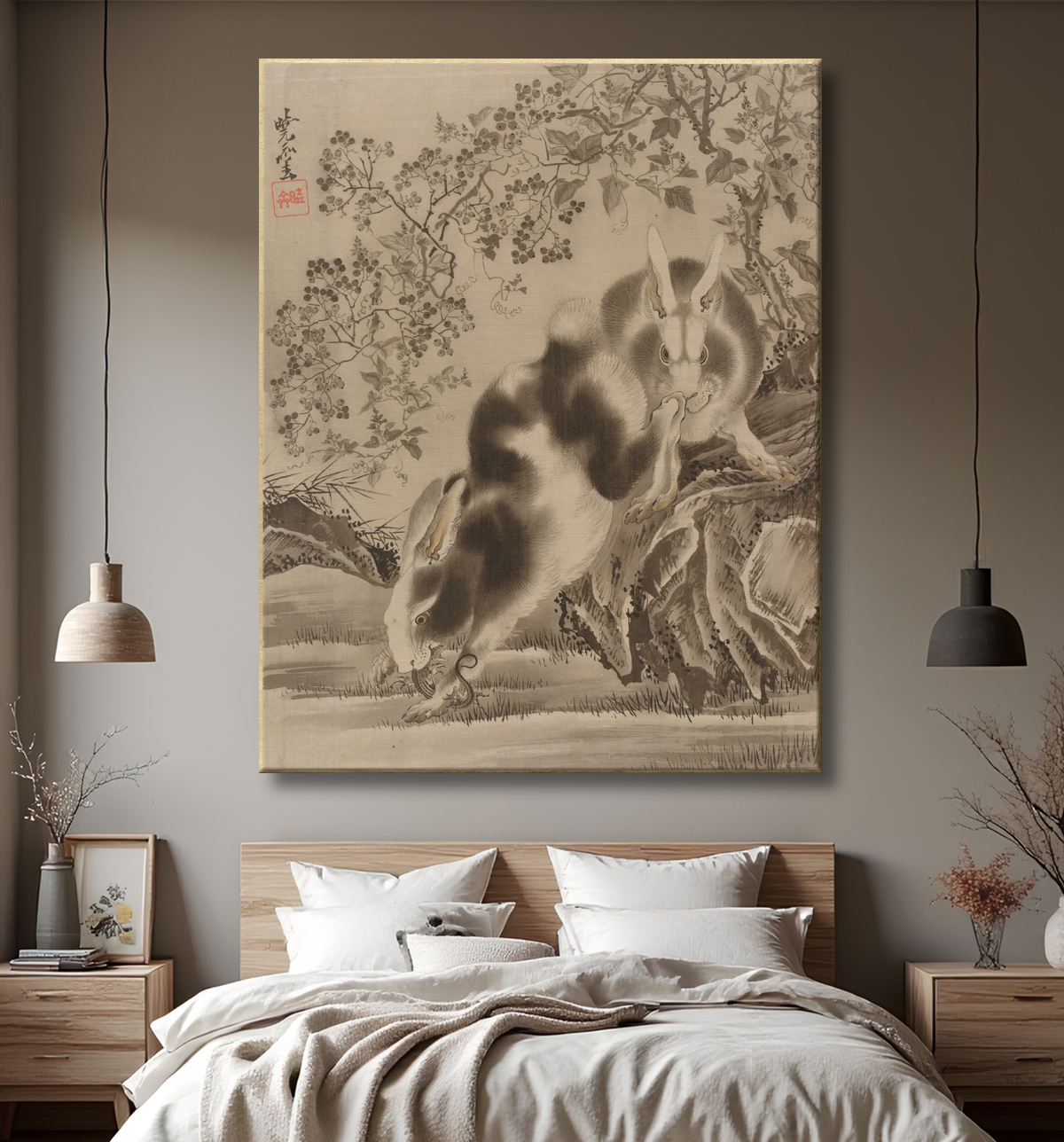 Reproduction Lapins de Kawanabe Kyōsai 河鍋暁斎 avec decor