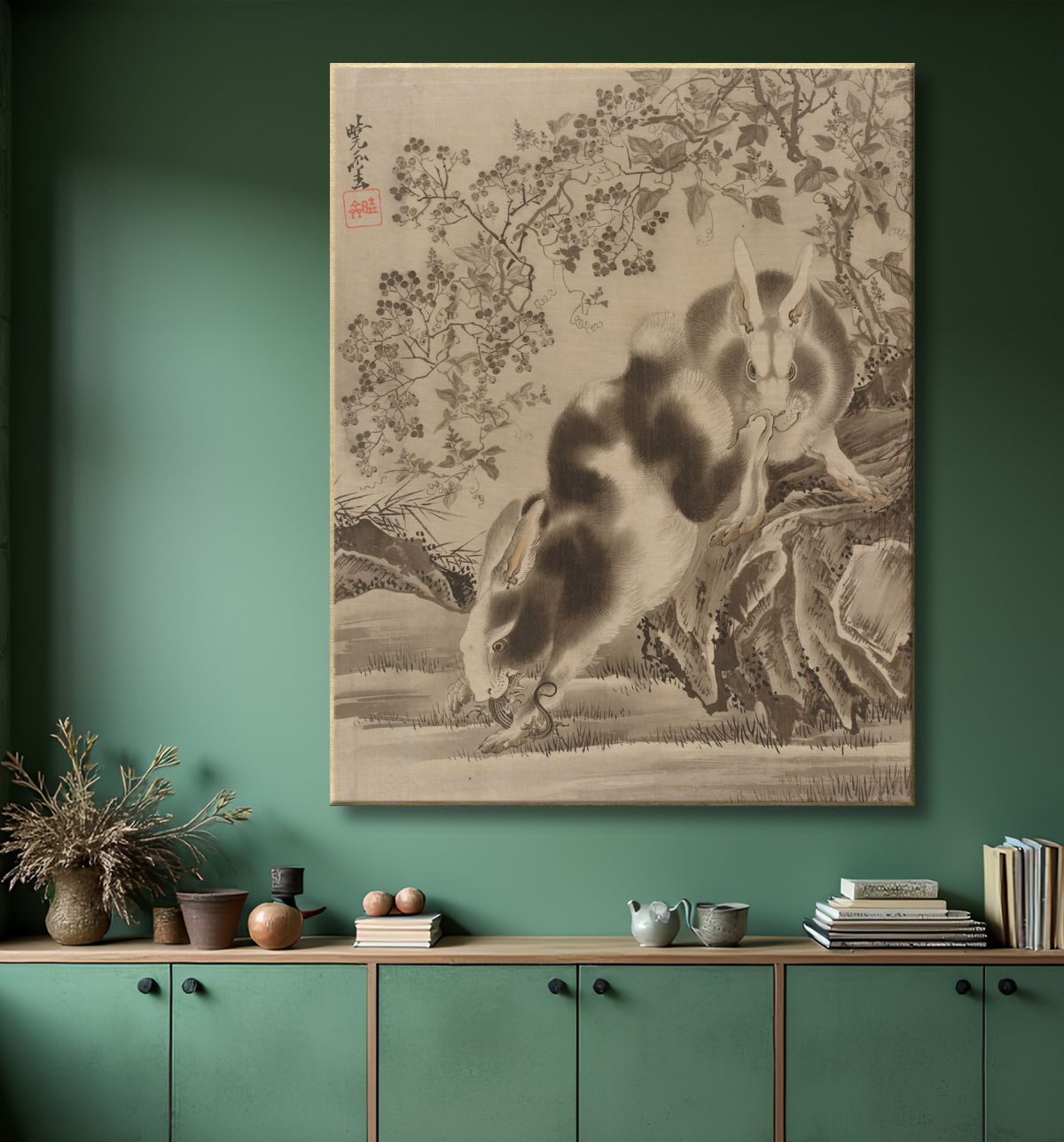 Reproduction Lapins de Kawanabe Kyōsai 河鍋暁斎 avec decor