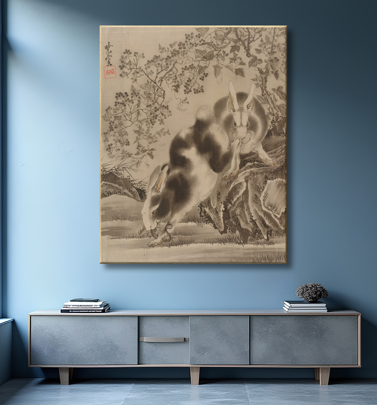 Reproduction Lapins de Kawanabe Kyōsai 河鍋暁斎 avec decor