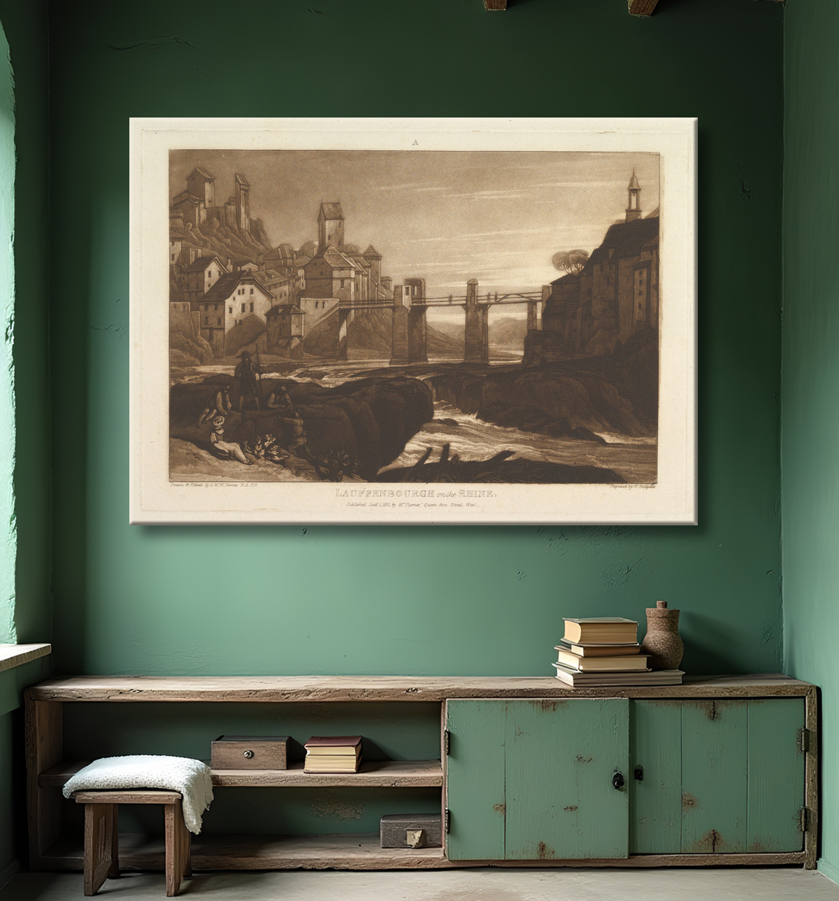 Reproduction Lauffenbourgh sur le Rhin (Liber Studiorum, partie VI, planche 31) de Joseph Mallord William Turner avec decor