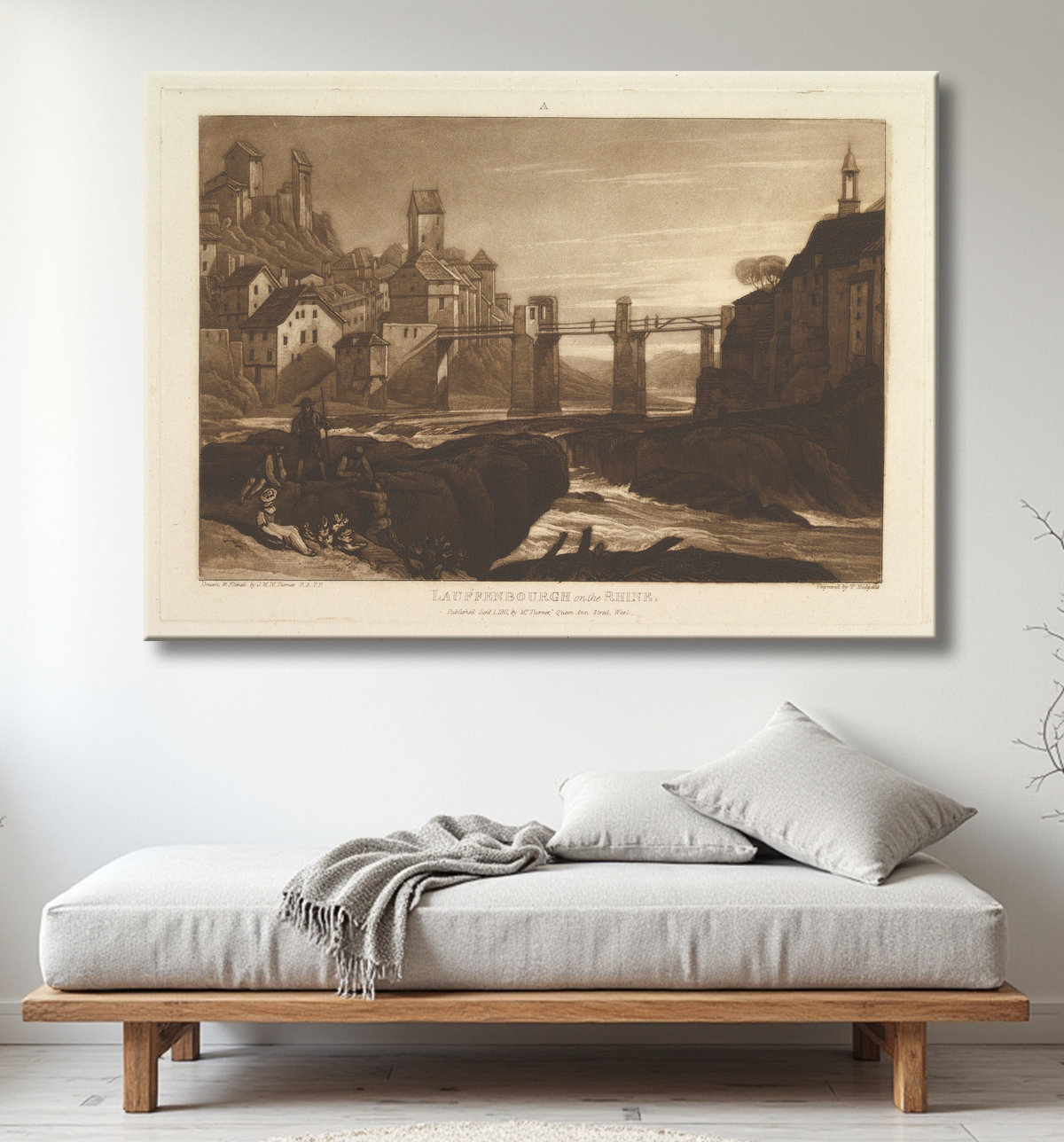 Reproduction Lauffenbourgh sur le Rhin (Liber Studiorum, partie VI, planche 31) de Joseph Mallord William Turner avec decor