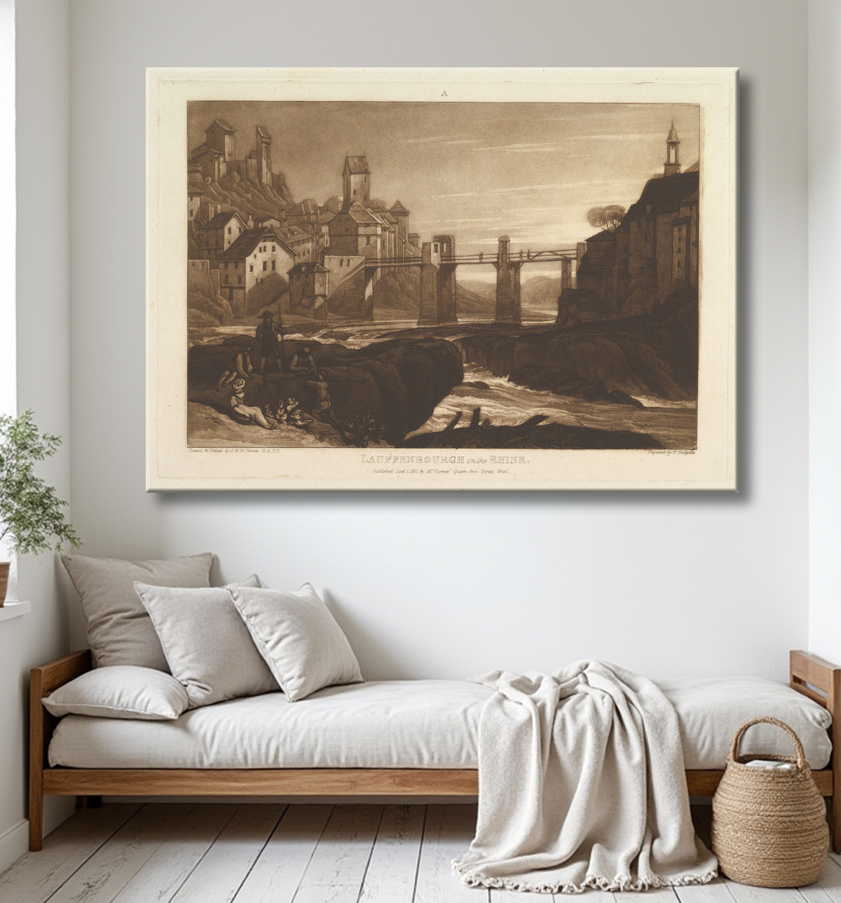 Reproduction Lauffenbourgh sur le Rhin (Liber Studiorum, partie VI, planche 31) de Joseph Mallord William Turner avec decor