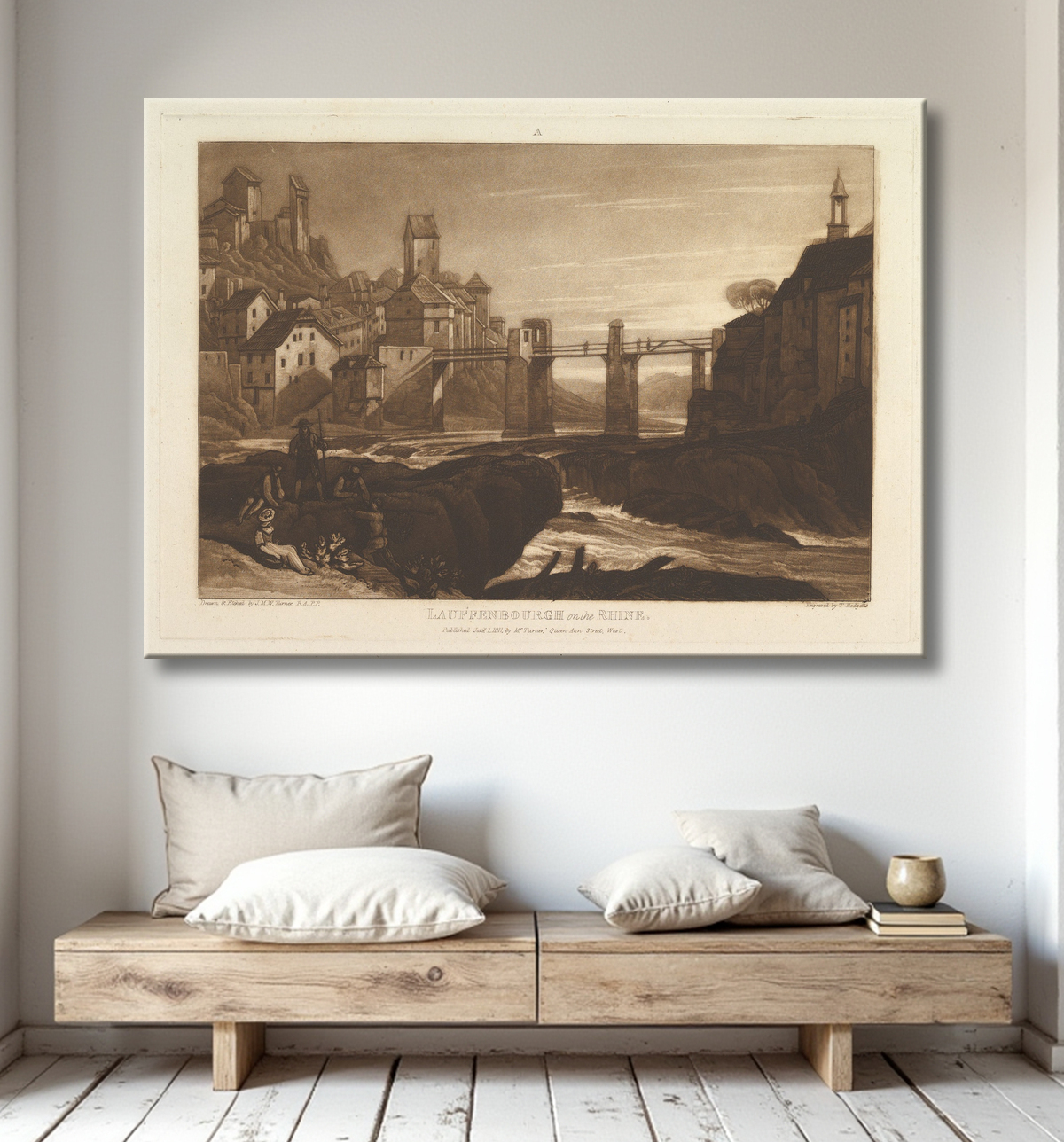 Reproduction Lauffenbourgh sur le Rhin (Liber Studiorum, partie VI, planche 31) de Joseph Mallord William Turner avec decor