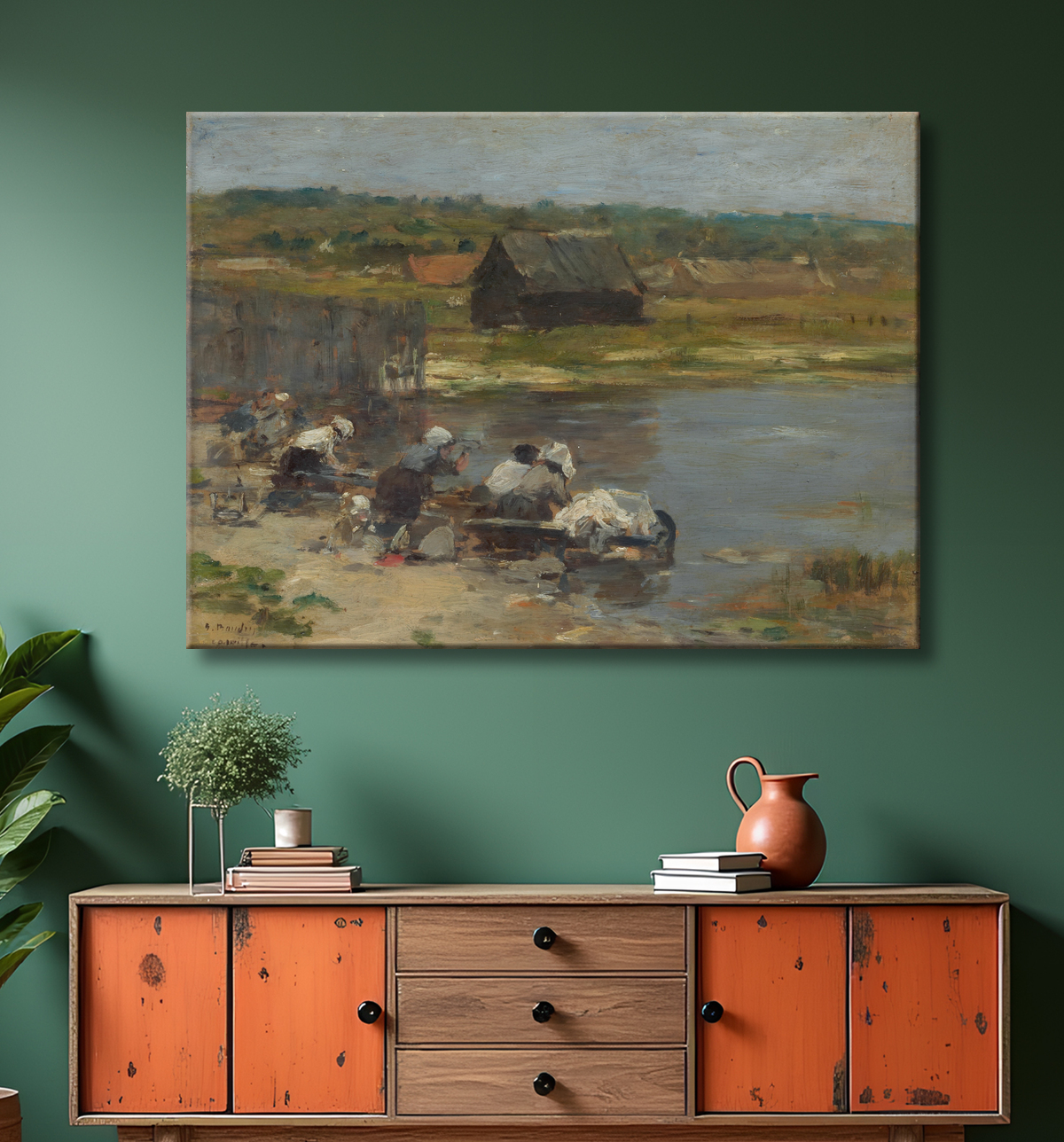 Reproduction Lavandières au bord de l'étang de Eugène Louis Boudin avec decor