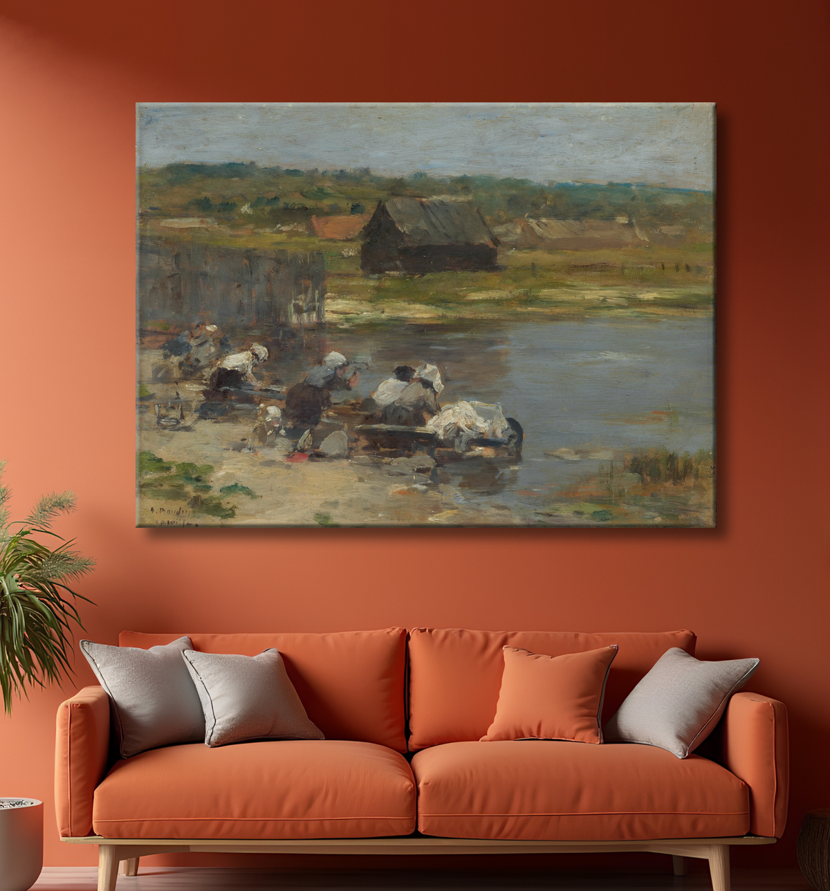 Reproduction Lavandières au bord de l'étang de Eugène Louis Boudin avec decor