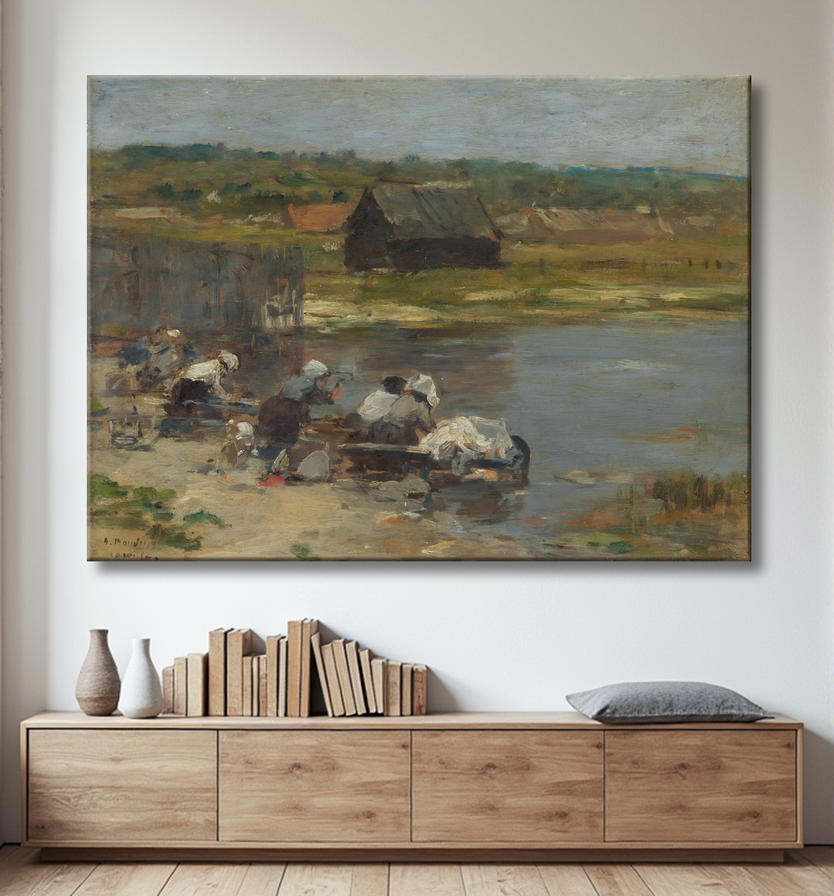 Reproduction Lavandières au bord de l'étang de Eugène Louis Boudin avec decor