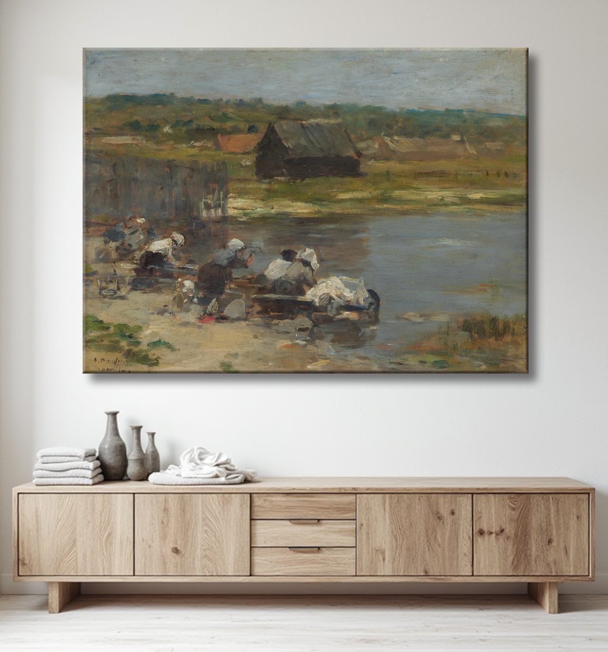 Reproduction Lavandières au bord de l'étang de Eugène Louis Boudin avec decor