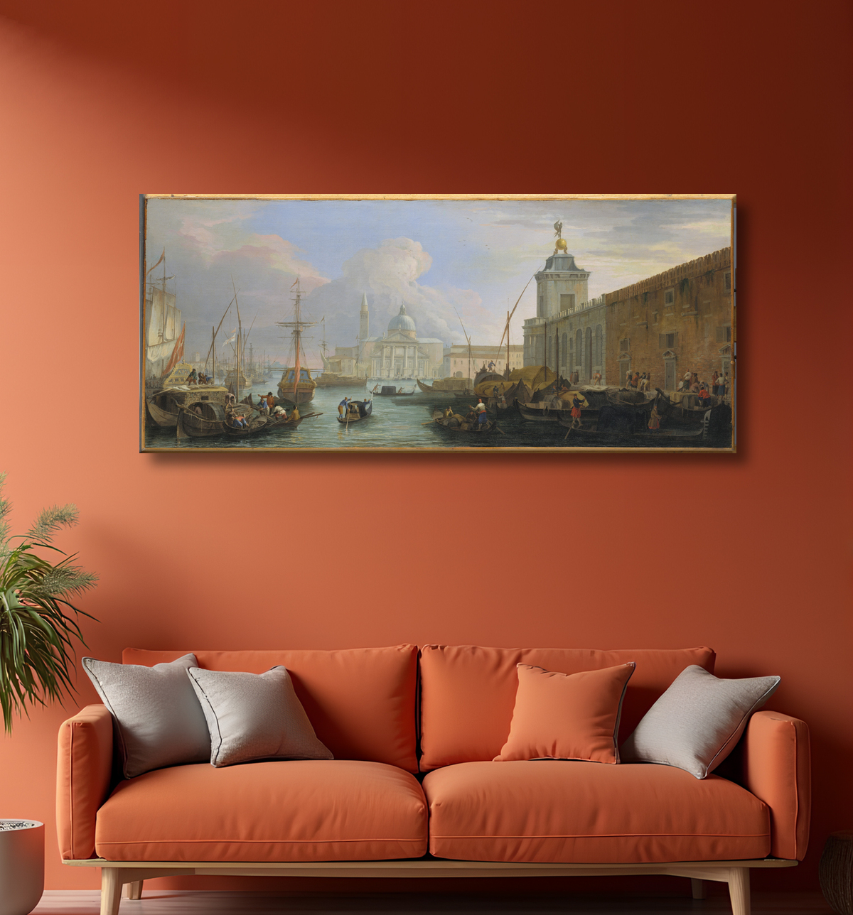 Reproduction Le Bacino, Venise, avec la Dogana et une vue lointaine de l'Isola di San Giorgio de Luca Carlevaris avec decor