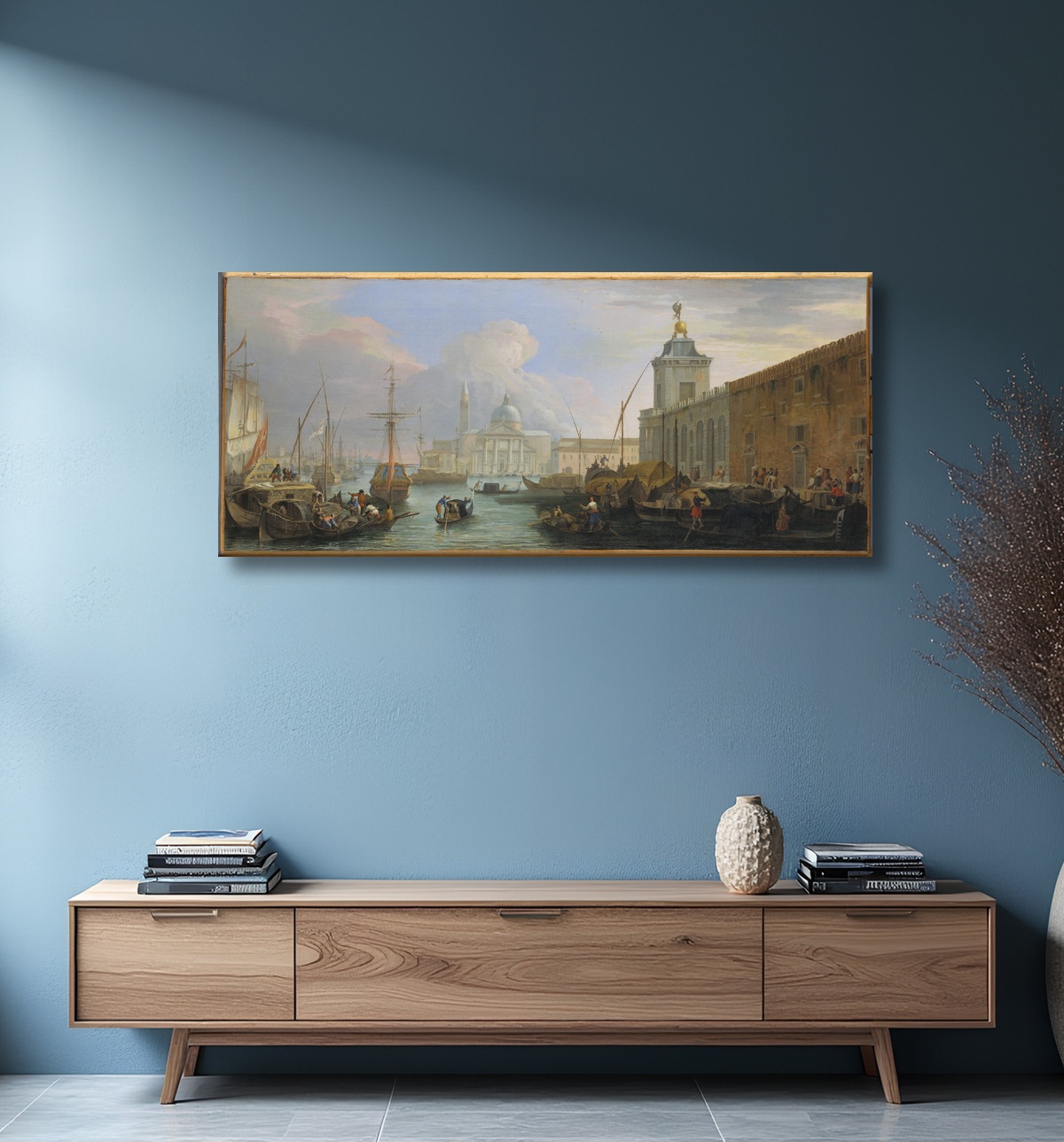 Reproduction Le Bacino, Venise, avec la Dogana et une vue lointaine de l'Isola di San Giorgio de Luca Carlevaris avec decor