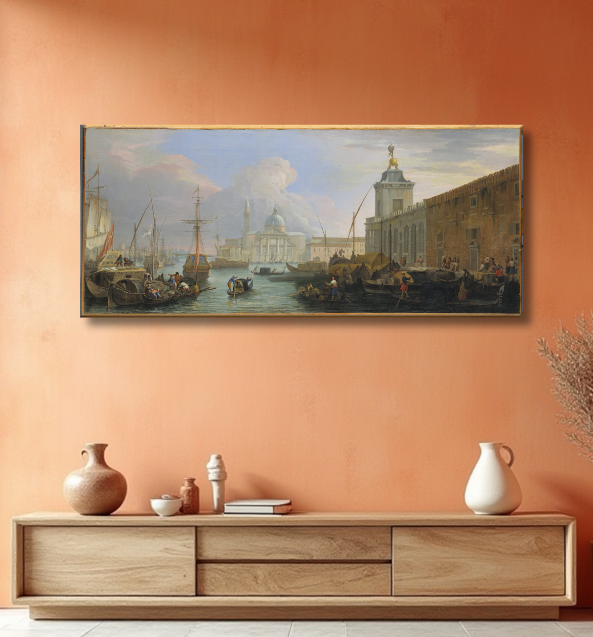 Reproduction Le Bacino, Venise, avec la Dogana et une vue lointaine de l'Isola di San Giorgio de Luca Carlevaris avec decor