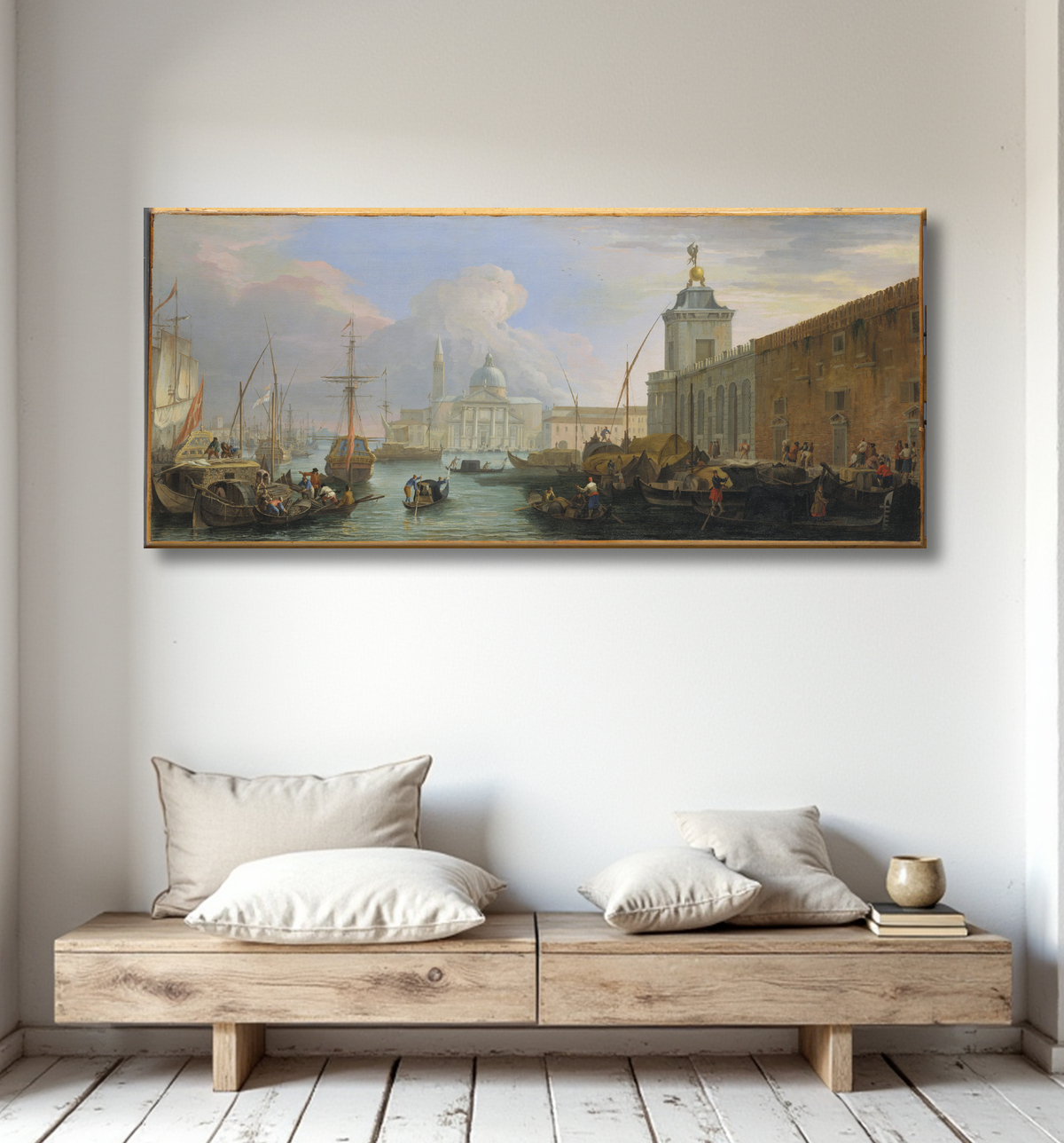Reproduction Le Bacino, Venise, avec la Dogana et une vue lointaine de l'Isola di San Giorgio de Luca Carlevaris avec decor
