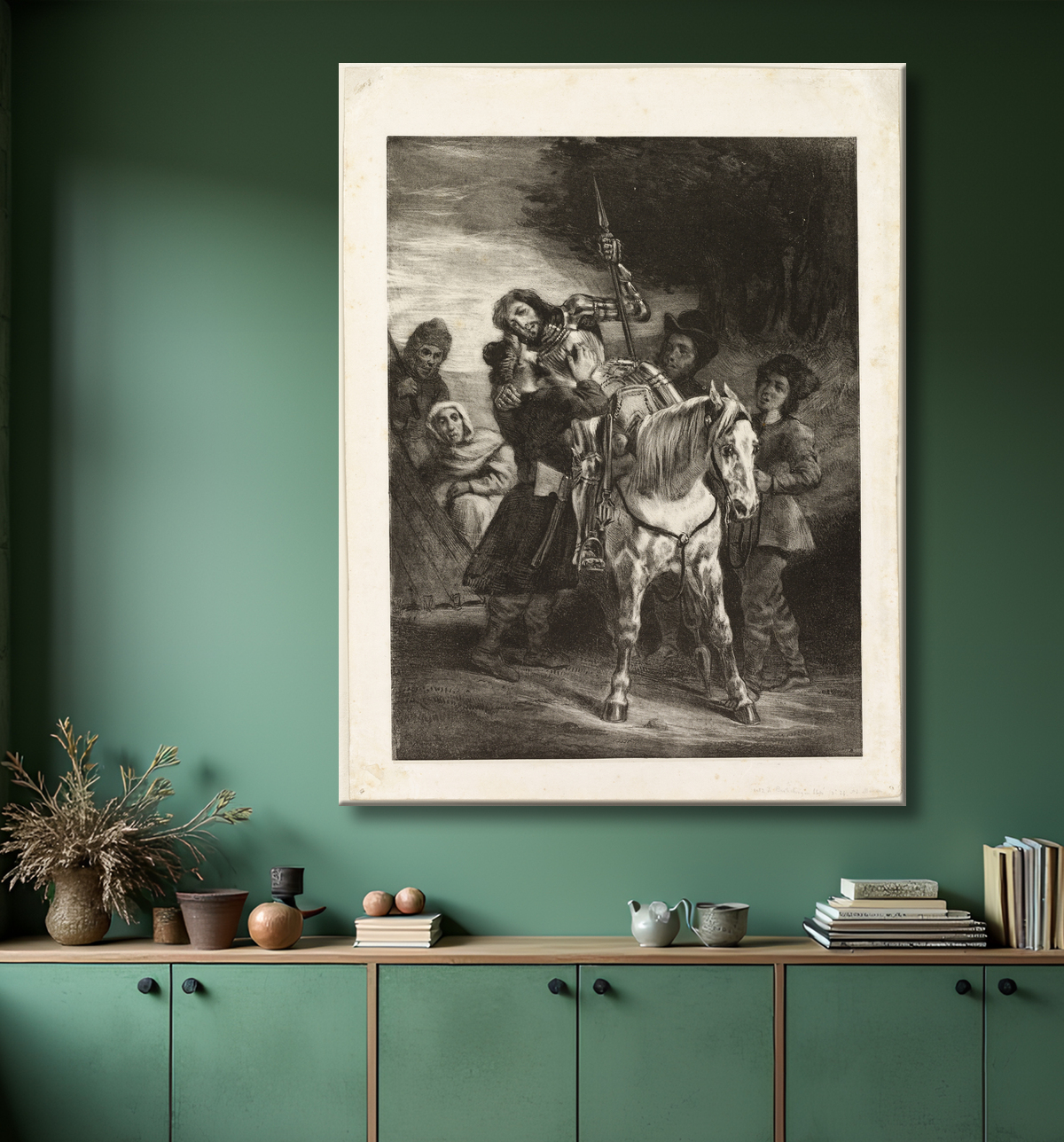 Reproduction Le blessé Goetz soigné par les bohémiens de Eugène Delacroix avec decor