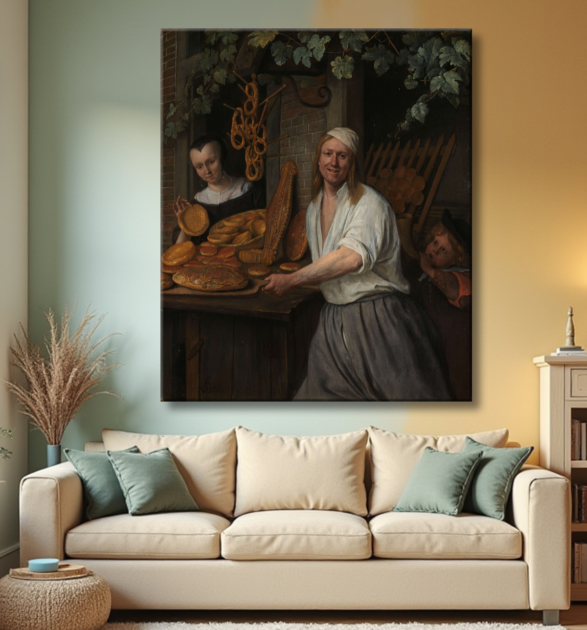Reproduction Le boulanger Arent Oostwaard et sa femme, Catharina Keizerswaard de Jan Havicksz. Steen avec decor