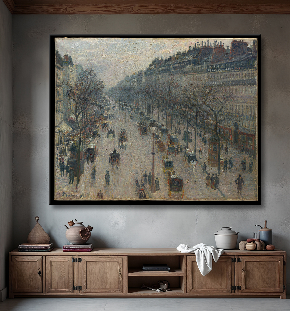 Reproduction Le boulevard Montmartre un matin d'hiver de Camille Pissarro avec decor